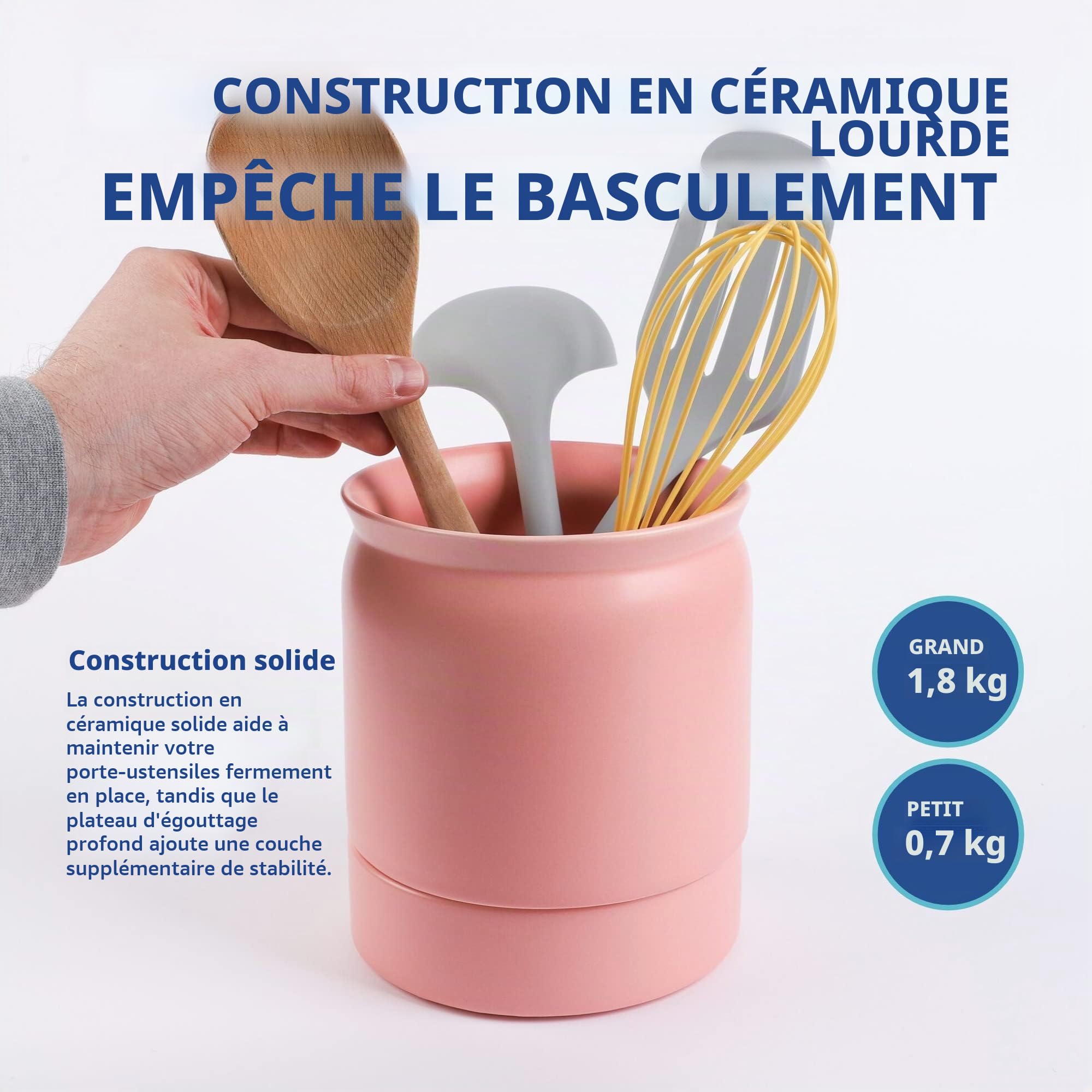 BLUE GINKGO Ceramic Utensil Holder [Pack of 2] - Cutlery Containers with Removable Draining Tray (Pink)