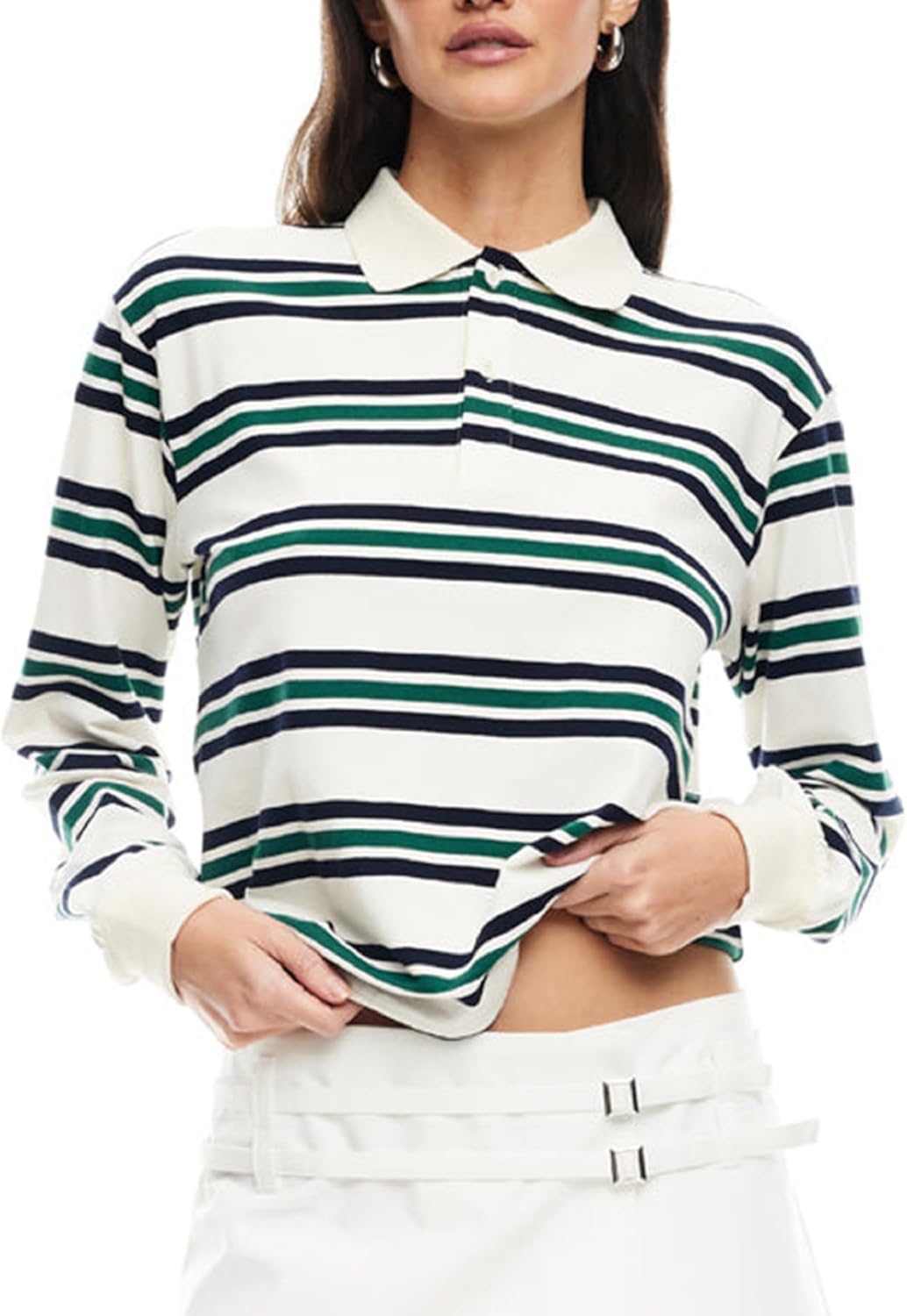 Women Oversized Striped Polo Shirt Vintage Long Sleeve Cropped Rugby Top Lapel Collar Y2k Pullover Tee Streetwear