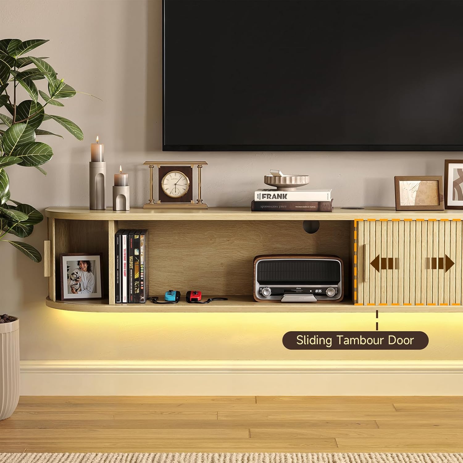 ONBRILL 63" Floating TV Stand with Power Outlet for TVs up to 75", Fluted Entertainment Center with Remote Control for LED Lights, Mid-Century Modern TV Console w/Sliding Door for Living Room, Oak