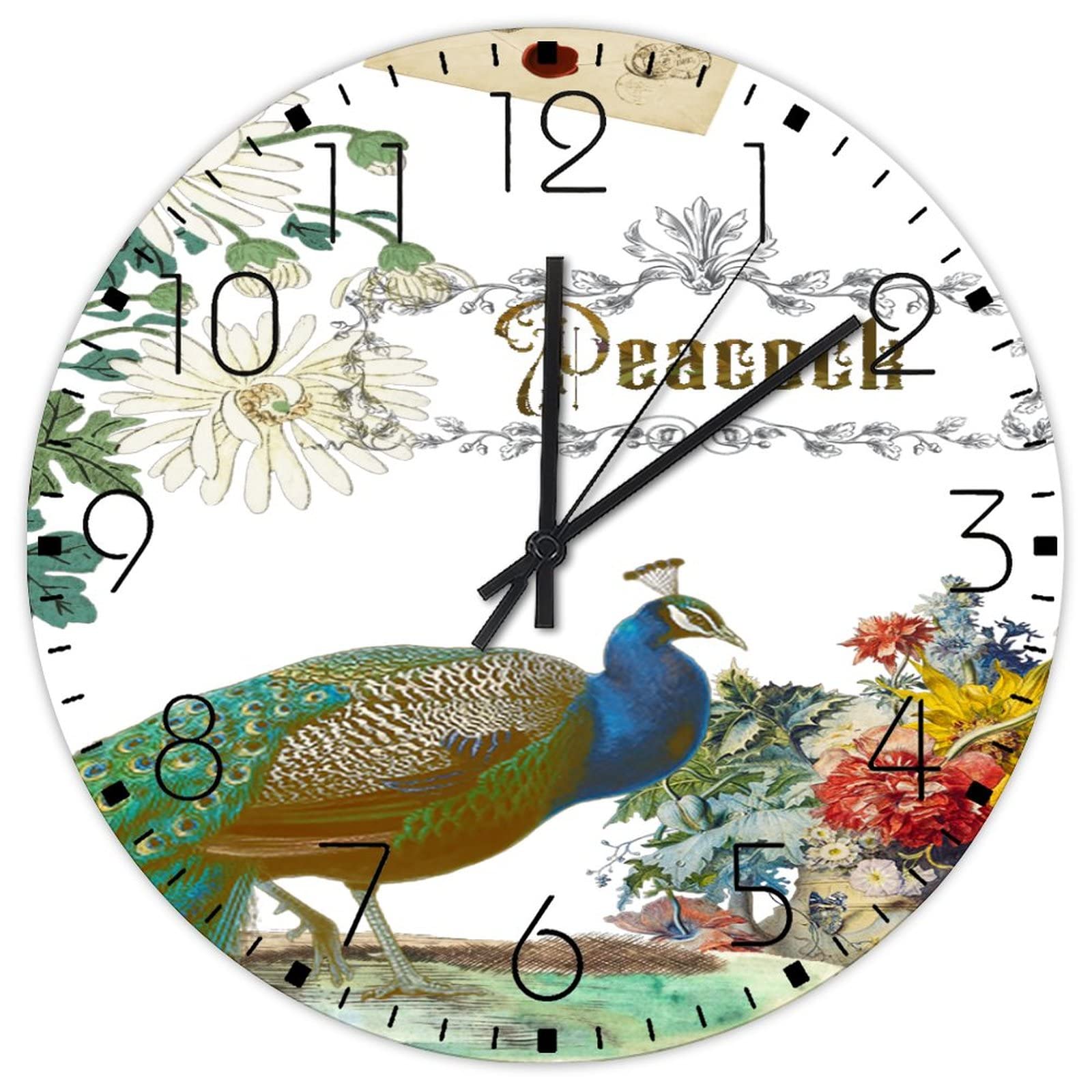 Horloge murale en bois de 38 cm aquarelle paon silencieuse pour salon