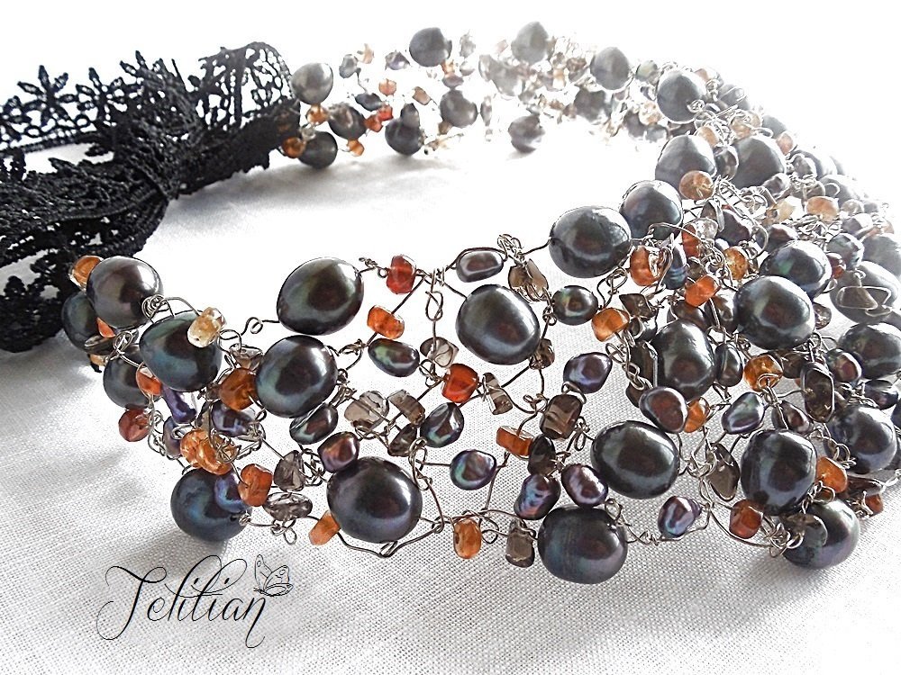 Statement Necklace, Wire Crochet Necklace, Black Bib