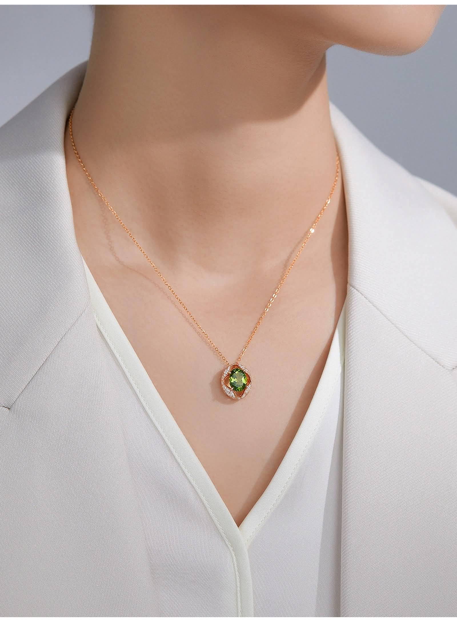 Collares para mujer a la moda, colgante de flor hueca de oro amarillo con peridoto ovalado de 1,7 quilates y diamante