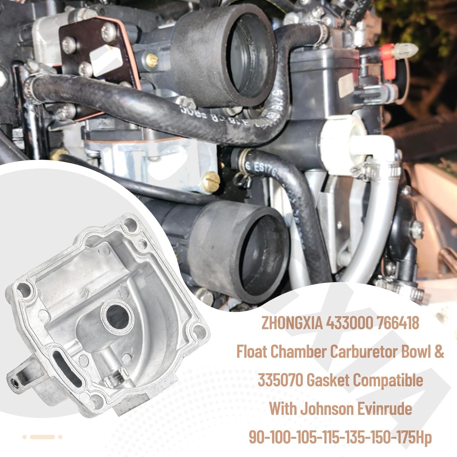 2 Pack Upgrade Material 433000 766418 Float Chamber Carburetor Bowl & 335070 Gasket Compatible With Johnson Evinrude 90-100-105-115-135-150-175Hp