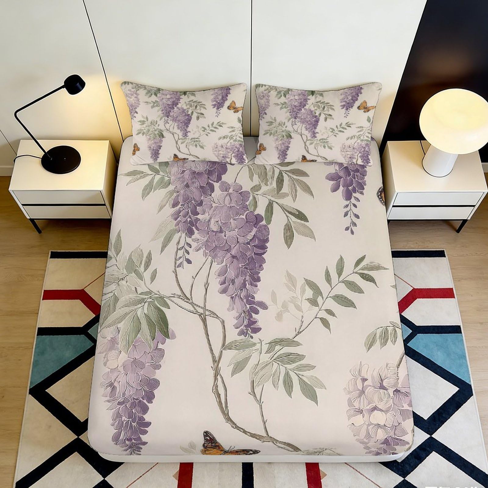 3D Printed Wisteria Floral Fitted Sheet Microfiber Soft Anti-Slip Lavender Botanical Mattress Cover for Bedroom Guest Room Decor 90x200x25cm