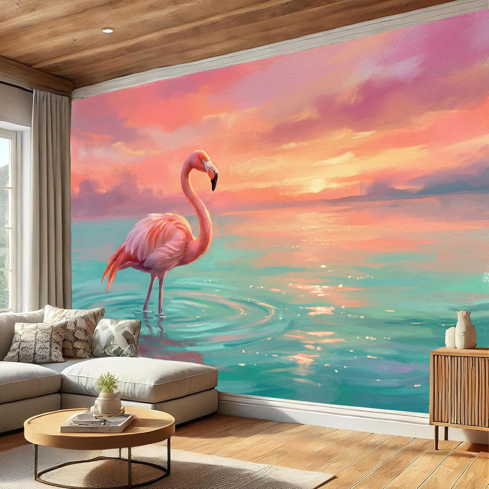 Papier peint panoramique flamants roses au coucher du soleil pour créer un salon romantique