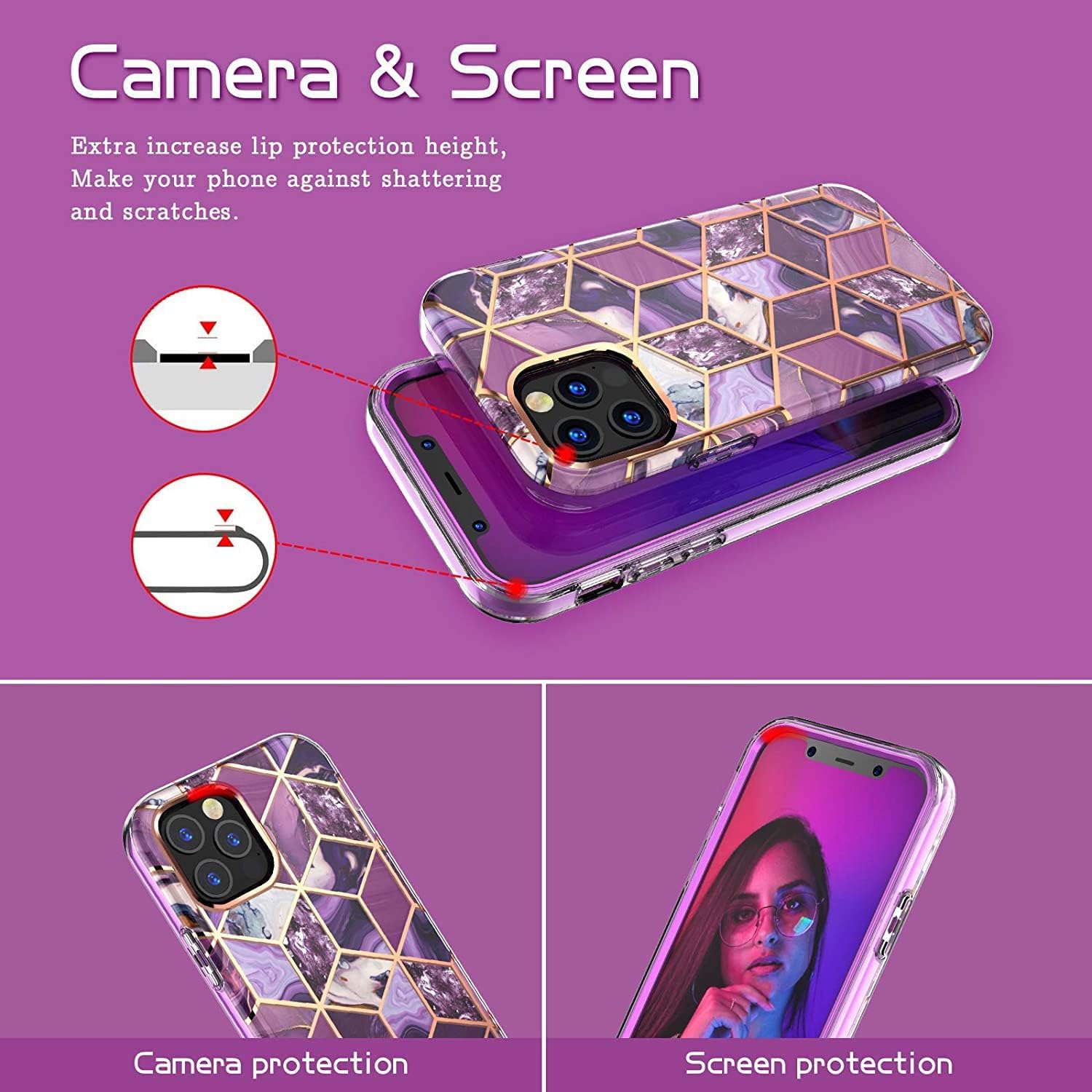Hasaky Case for iPhone 12 Pro Max Case 5G 2020 6.7 Inch,Dual Layer Hybrid Bumper Cute Purple Marble Design Soft TPU+Hard Back Heavy Duty Anti-Scratch Shockproof Protective Phone Case -Purple Marble.