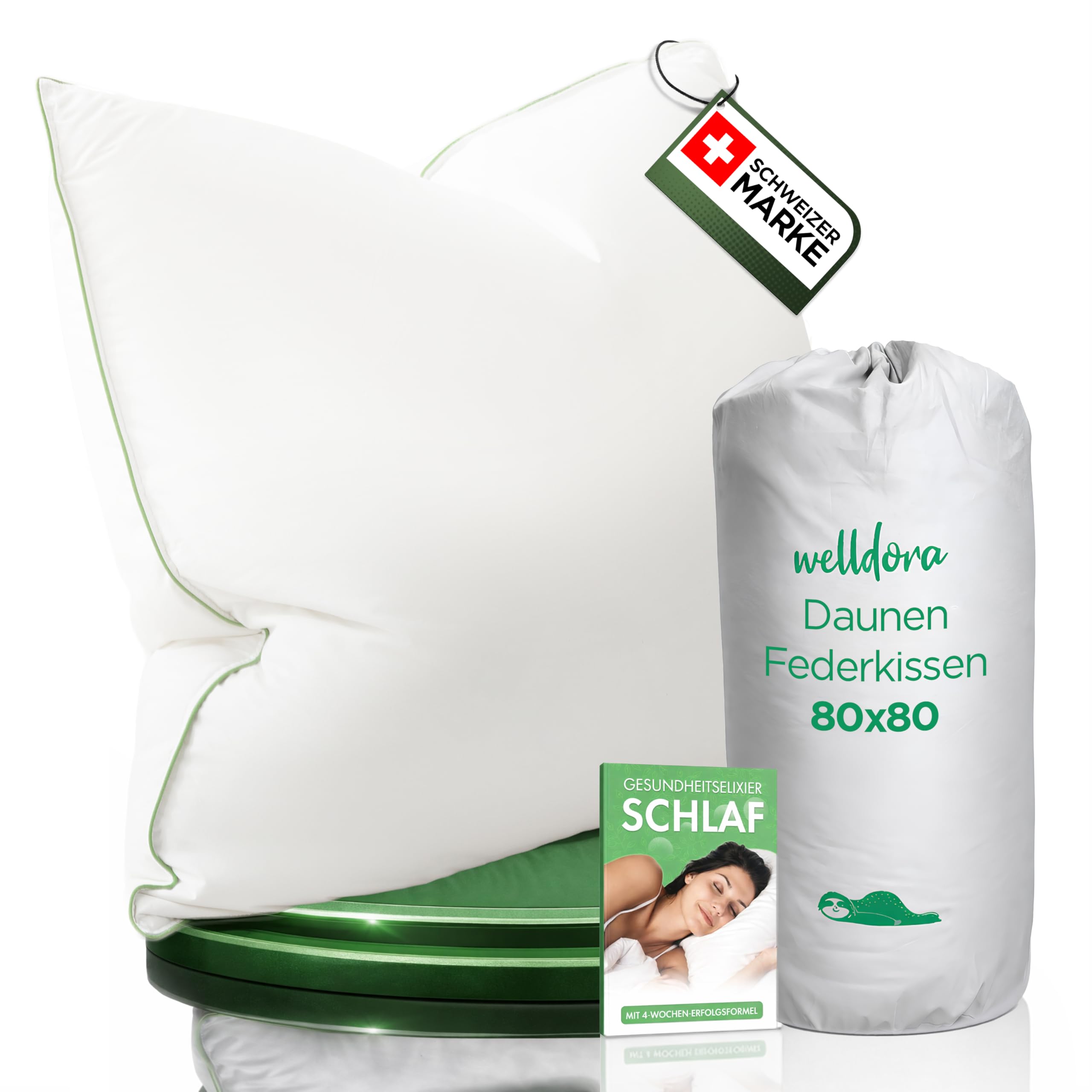 Welldora Kopfkissen 80x80 100% natürliche Daunenfasern Federn 3 Kammern Nackenstützkissen Oeko-Tex zert.