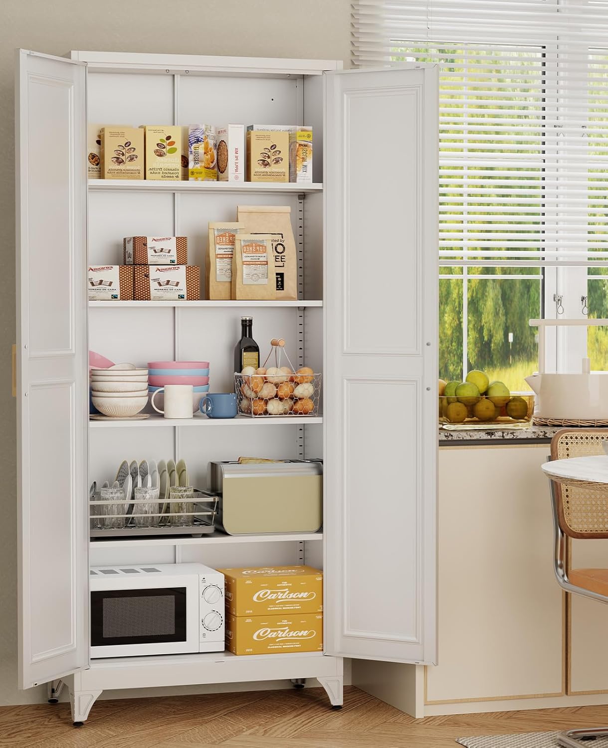75" Tall Metal Storage Cabinet with 2 Doors and 4 Adjustable Shelves, Heavy Duty Steel Pantry Cabinet for Home Office, Kitchen, Garage and Laundry Room, White
