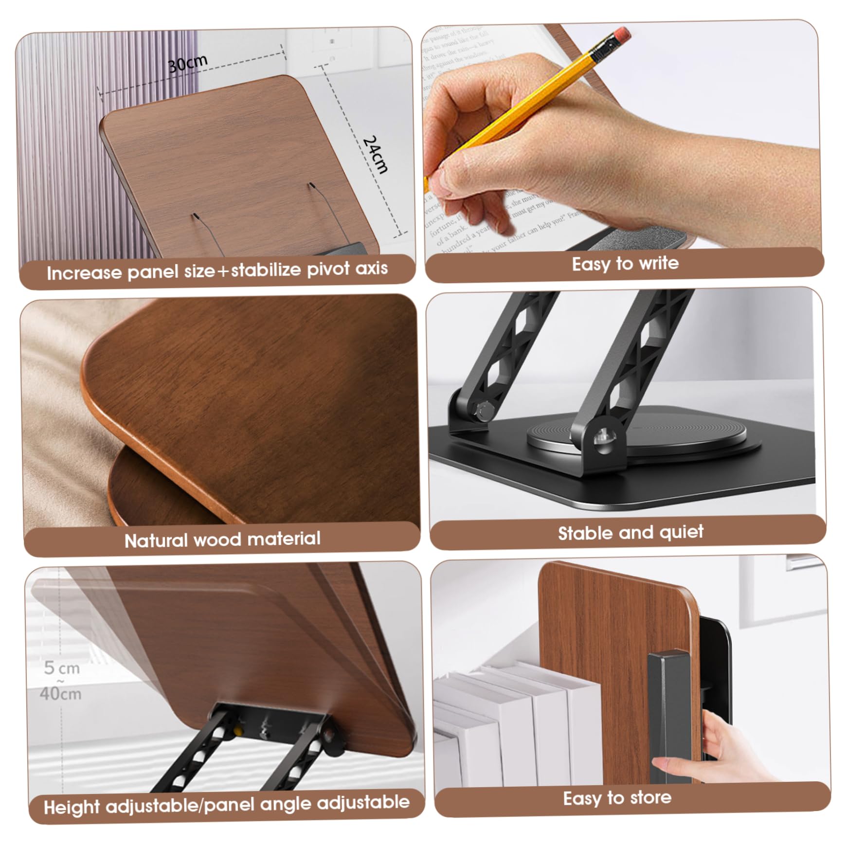 Support de livre pour la lecture, support de livre réglable pour la lecture, pliable avec bases rotatives à 360° et clips page élastiques, pour cuisine, tablette, magazine