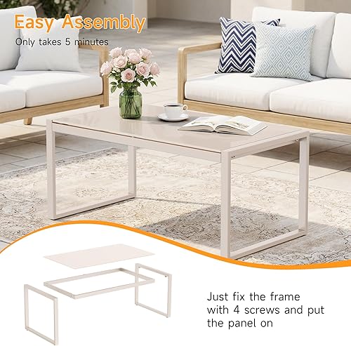 Miniatura 7 de ONBRILL Mesa auxiliar rectangular con escritorio de vidrio templado, marco galvanizado para exteriores con pies ajustables para patio, balcón,