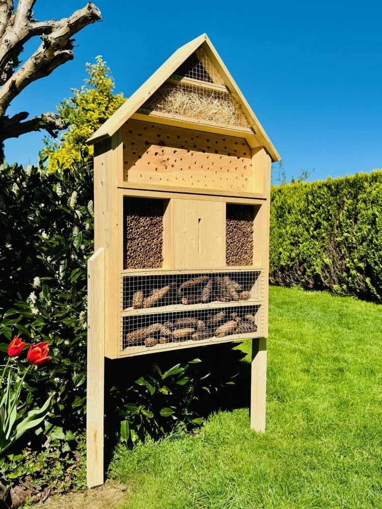 Casetta per insetti da giardino in legno, XXL per api selvatiche, in legno, con supporto, 110 x 79 x 16 cm (altezza x larghezza x profondità), per insetti, resistente alle intemperie, 6 piani