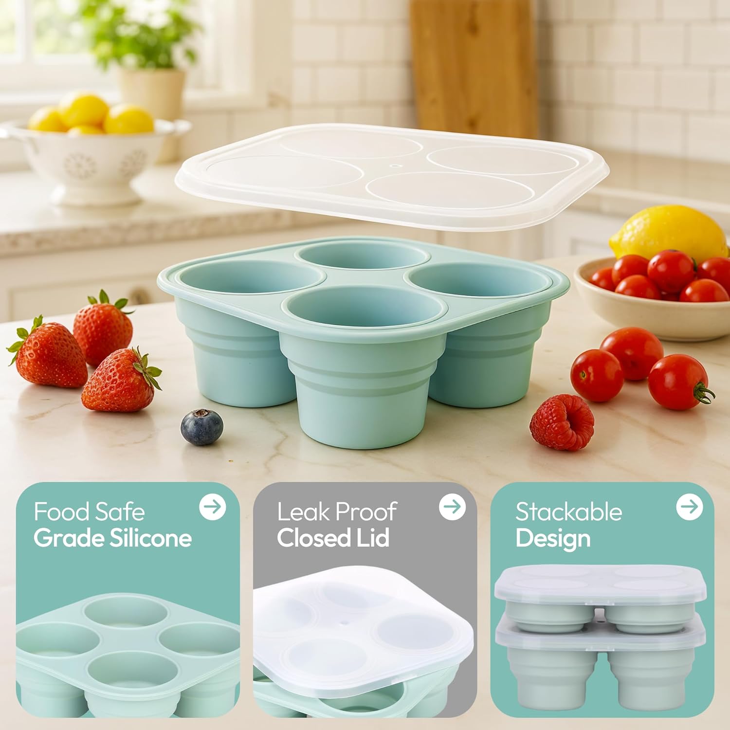 Silicone Freezer Tray with Lid - Stackable 2 oz Large Ice Cube Molds for Homemade Purees, Egg Bites, Broth Food Storage - Dishwasher Safe - 3 Pack