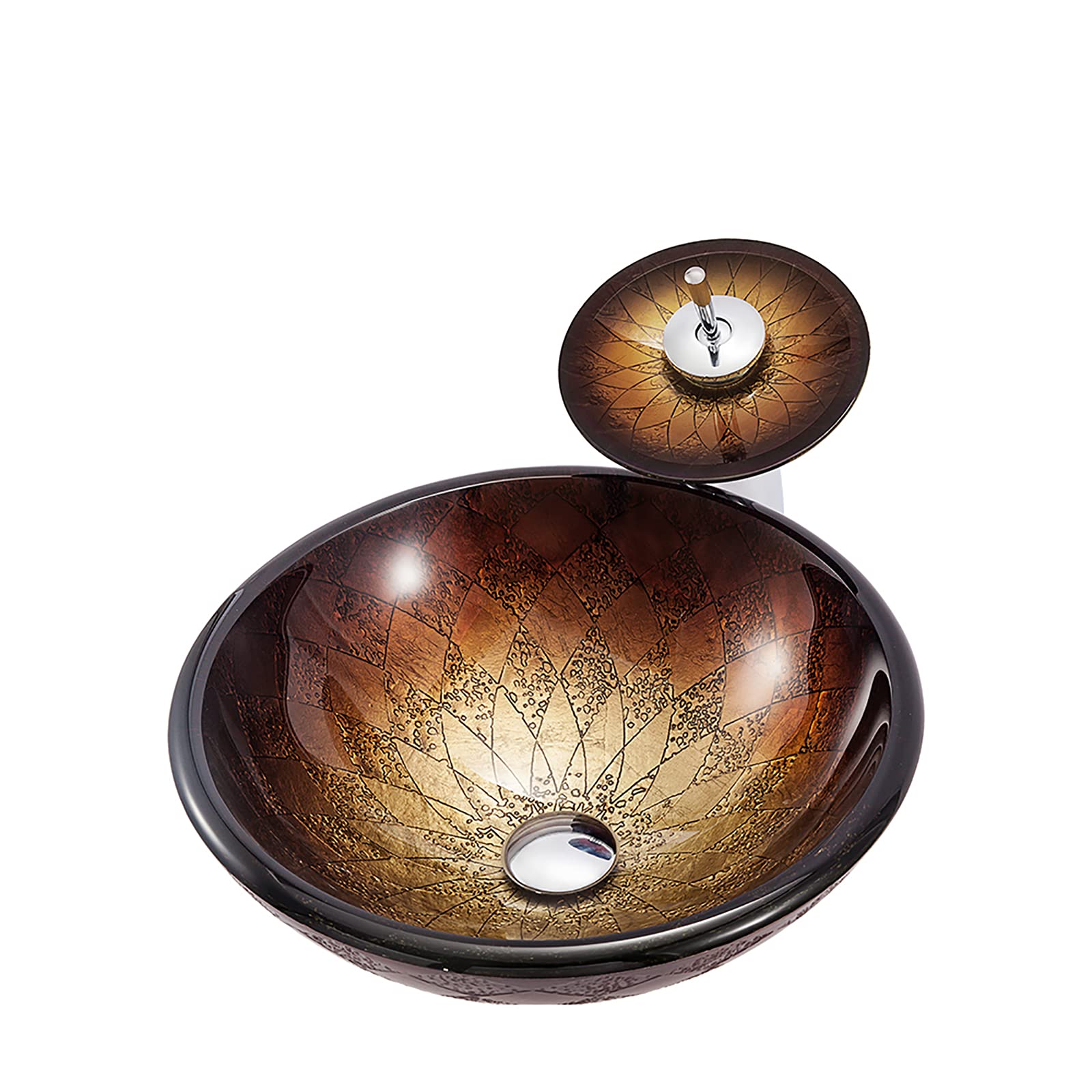 TIANQIHAO Bathroom Vessel Sink Artistic Tempered Glass Round Bowl Countertop Vanity With Waterfall Faucet And Pop Up Drain Combo