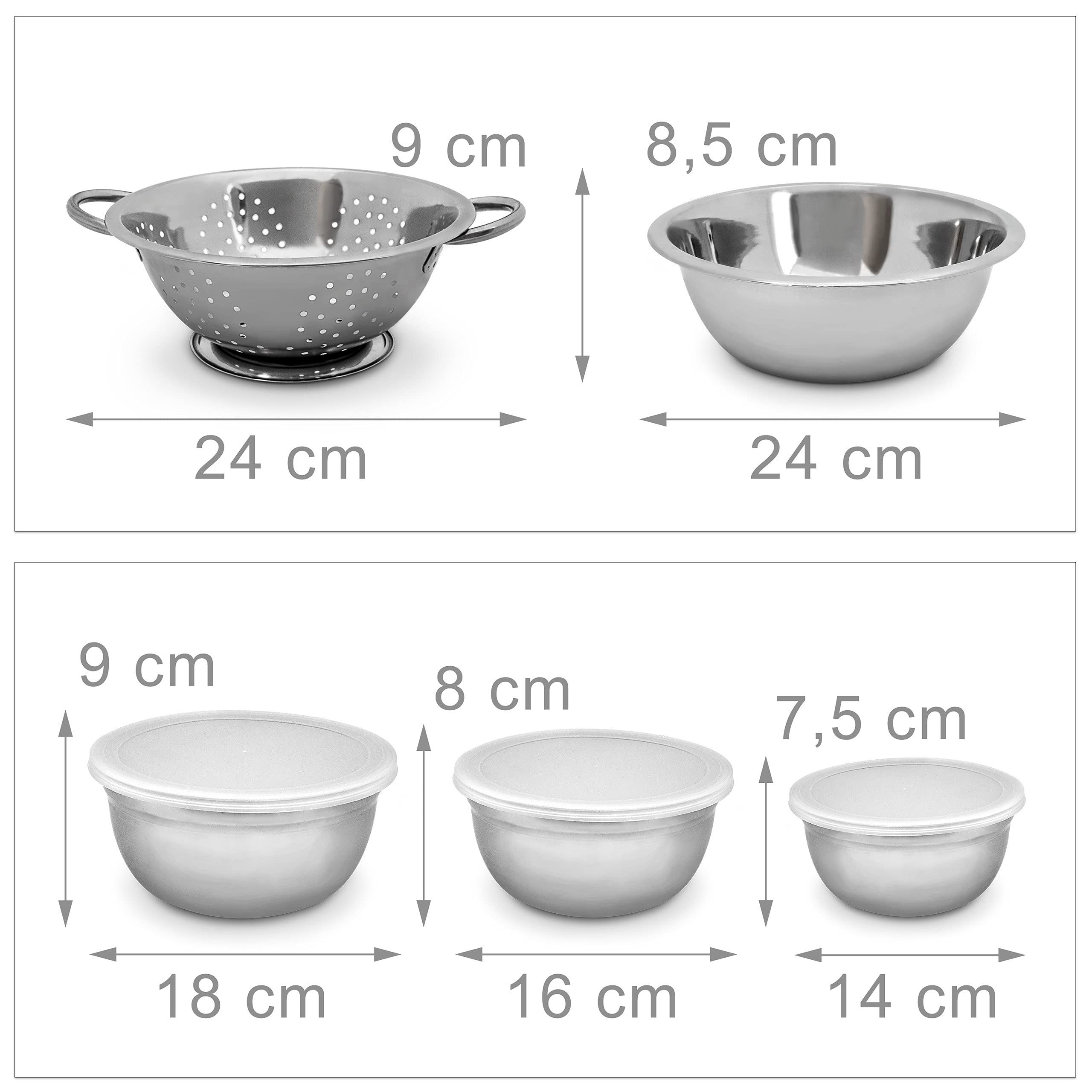 Relaxdays Set 5 Ciotole in Acciaio Inox, Coperchio Salvafreschezza e Scolapasta, Insalatiere, Box Portapranzo, Argento