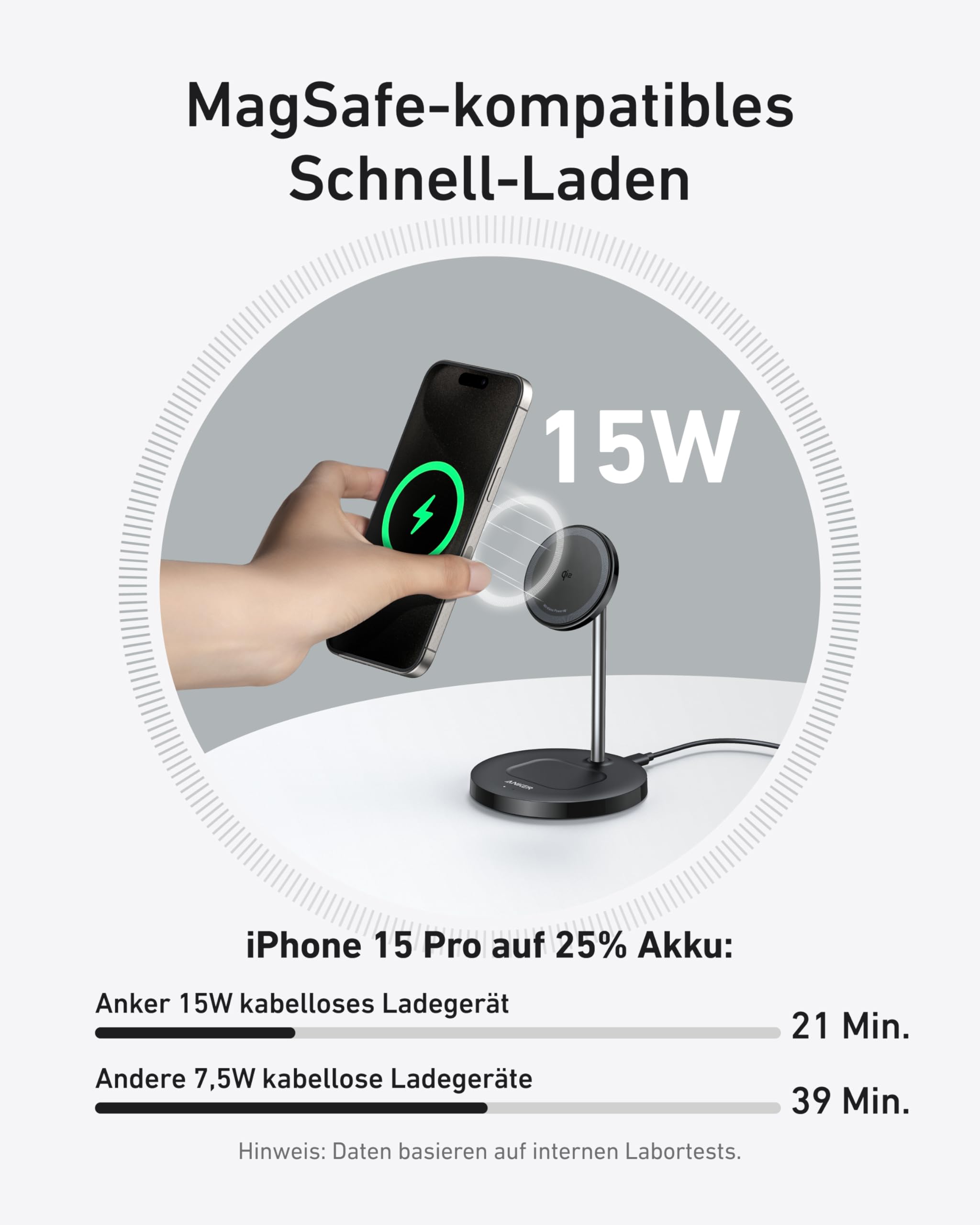 Anker MagGo 15W Magsafe Ladegerät kompatibel, 2-in-1 Induktive Ladestation, Qi2 Wireless Charger für iPhone 17/16/15/14/13/12, AirPods Pro, Mit 1,5m USB C Kabel, ohne Netzteil