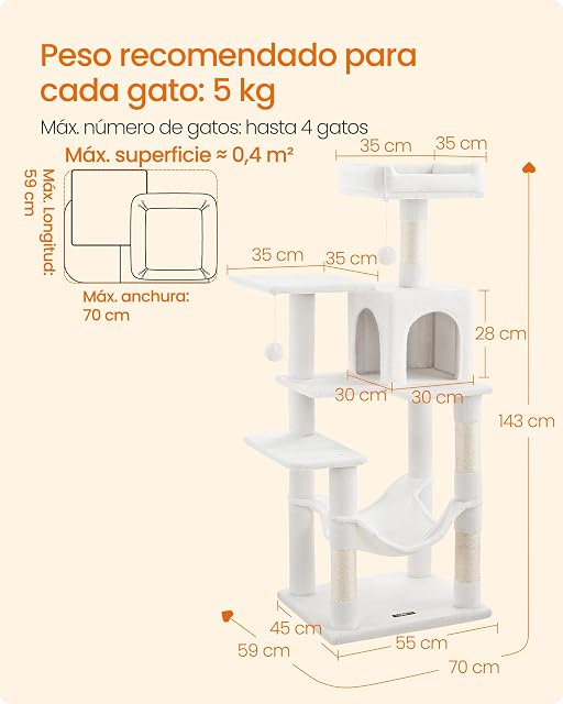 Foto 7 de 7 de Feandrea Árbol para Gatos, Altura 143 cm, Torre de Gatos, con 4 Postes Rascadores, 2 Plataformas, 1 Cueva