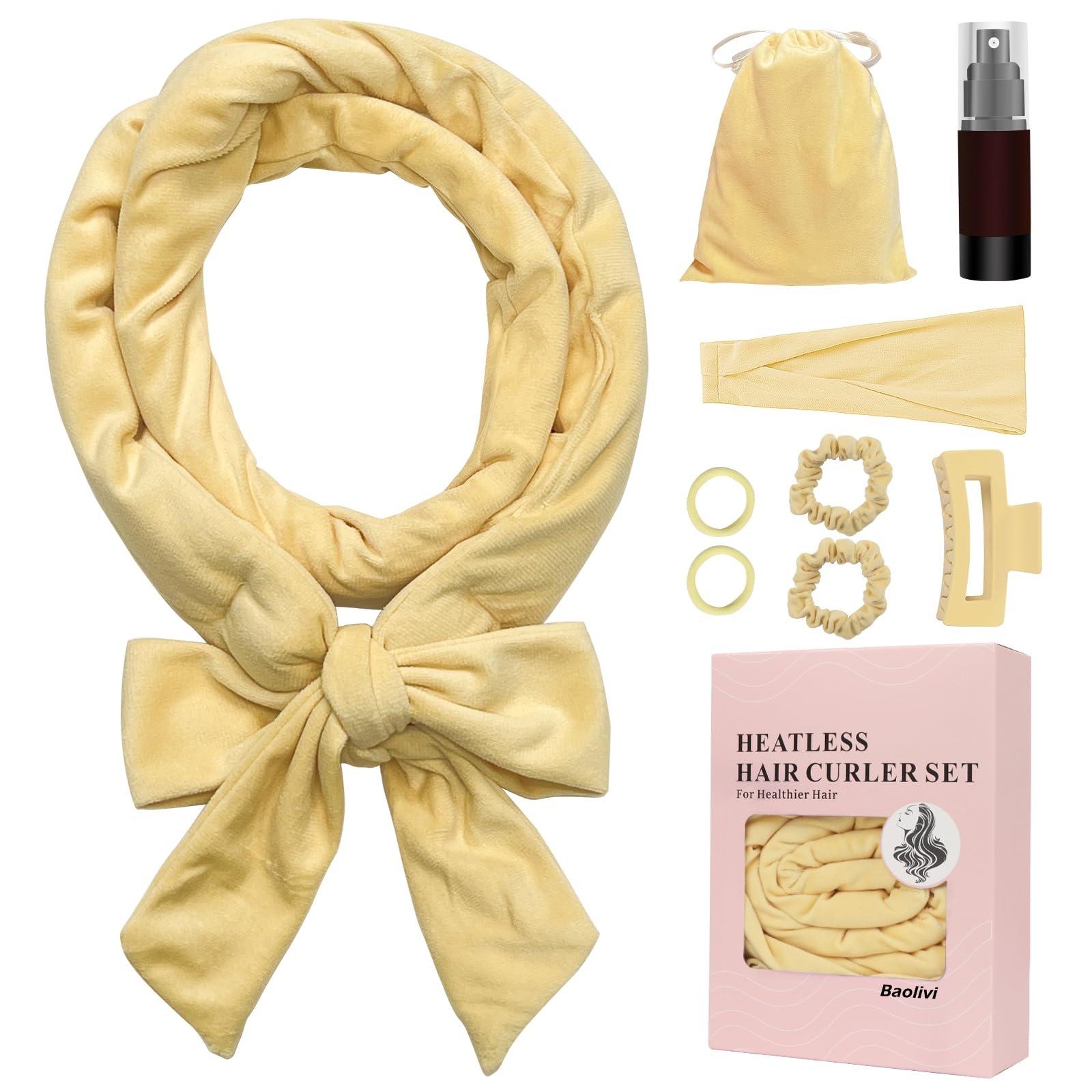 Baolivi Lockenwickler Über Nacht, Locken ohne Hitze für Lange Haare, Heatless Overnight Curls Band, 180 cm Samt Rutschfest Hair Curler Rollers Sleep Tie Mit Stirnband Locken Über Nacht (Hellgelb)