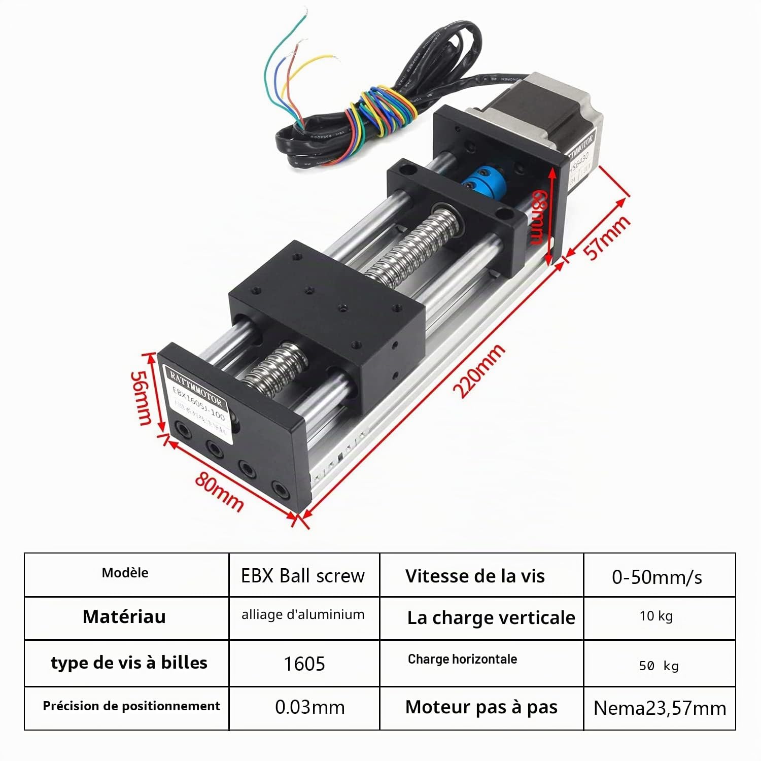 RATTMMOTOR Guide linéaire CNC - Entraînement linéaire - Course efficace L-100 mm - Actionneur linéaire - Vis à billes avec moteur pas à pas Nema23 pour fraiseuse CNC