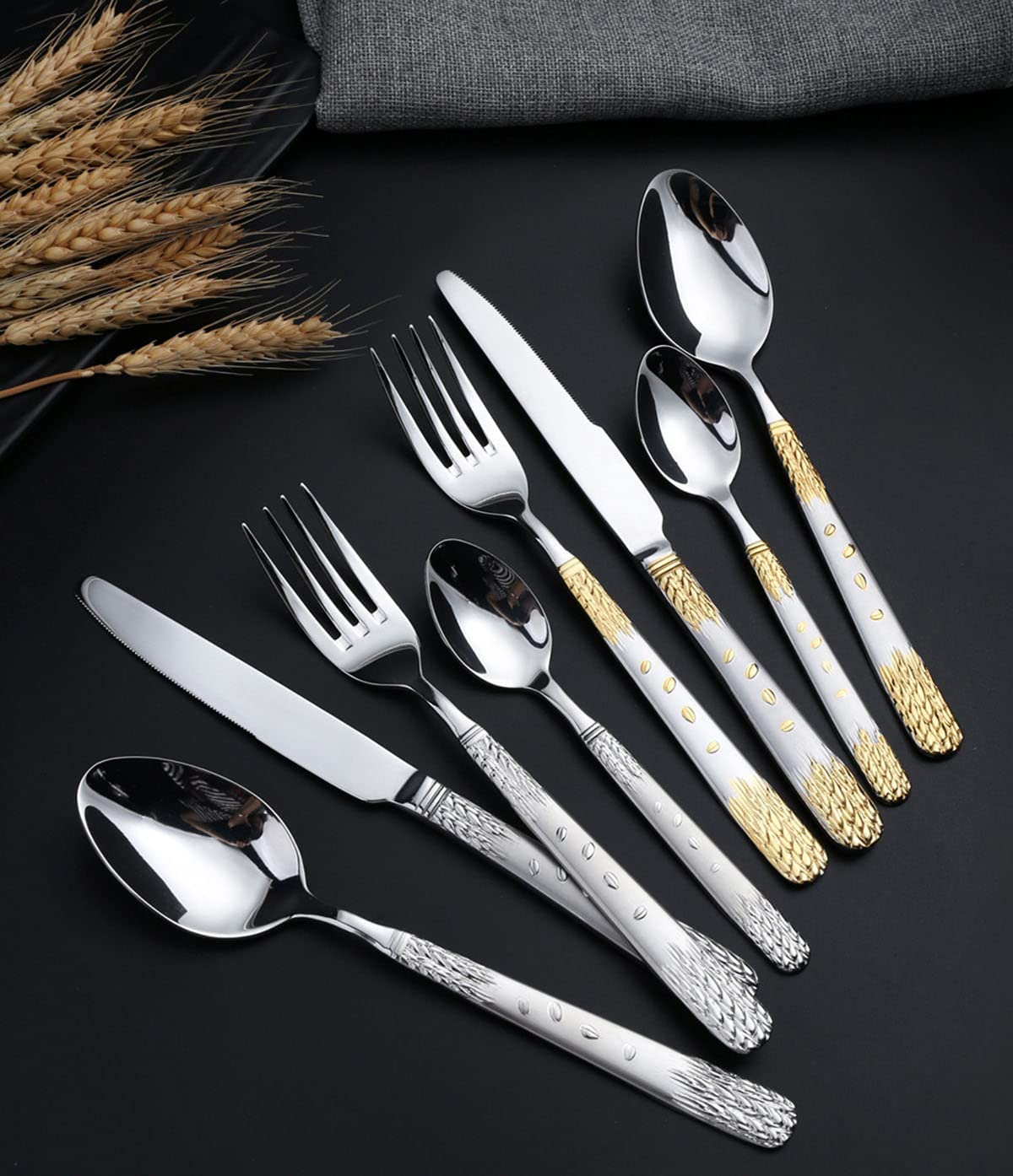 Cubiertos plateados y dorados para 24 personas, juego de 120 piezas de cuchillo, tenedor y cuchara, juego de cena Elegant Life, cubiertos aptos para lavavajillas. (Servicio de banquete para 4)