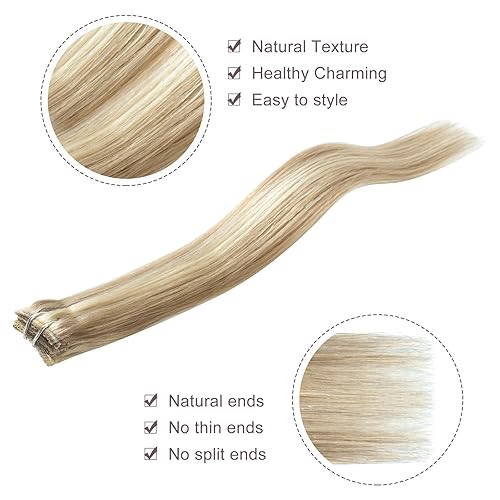 Miniatura 10 de Extensiones de cabello humano real color rubio claro con reflejos rubio dorado, 16 pulgadas, extensiones de cabello humano Remy para mujer, fáciles