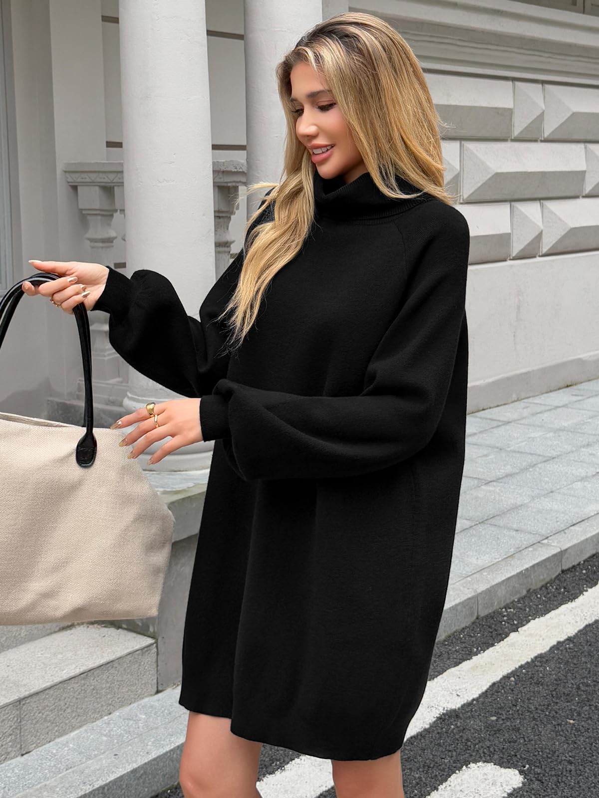 Saodimallsu Robe en tricot surdimensionnée pour femme - Col roulé - Manches longues - Couleur unie - Élégante - Mini robe de Noël - Manches lanternes - Robe d'hiver