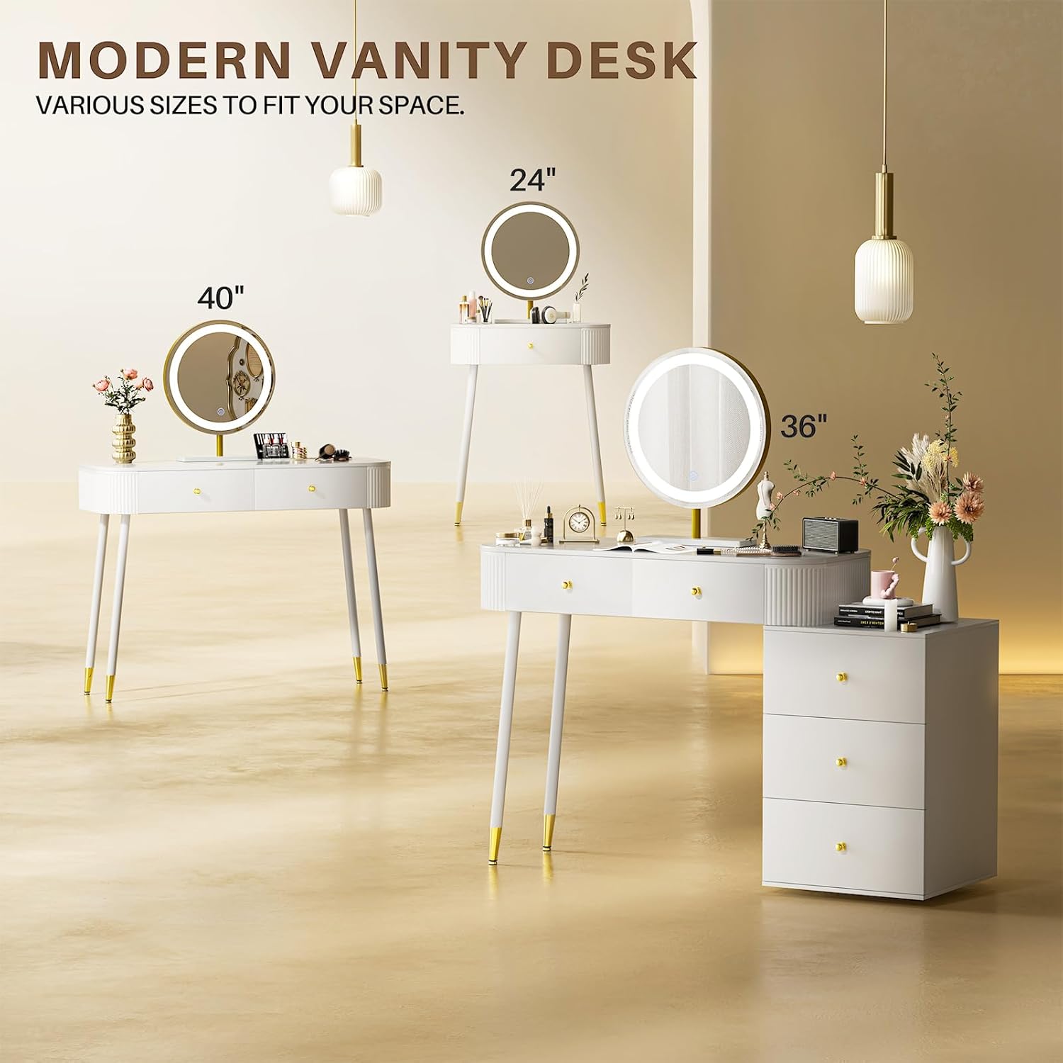 WinZo 24" Vanity Desk with Mirror and Lights, Small Makeup Vanity Table with 1 Storage Drawers, 3 Color Touch Screen Stylish Dressing Table for Small Spaces & Bedroom, White