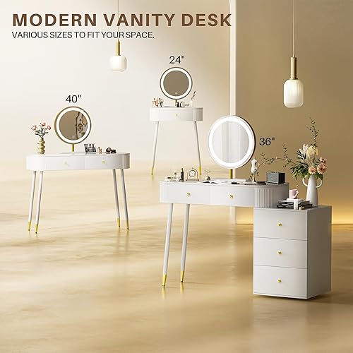 Miniatura 9 de WinZo Mesa de tocador de 40" con espejo y luces, pequeña mesa de maquillaje con 2 cajones de almacenamiento y estación de carga, elegante mesa de