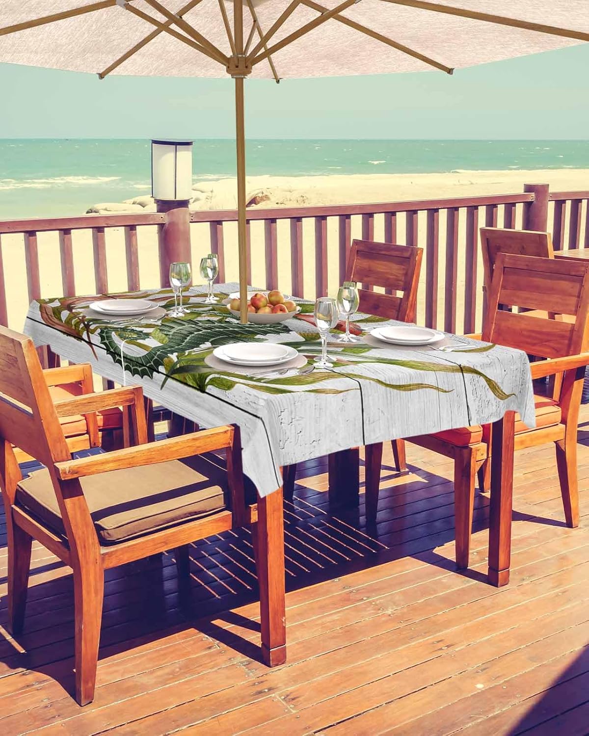 Christmas Outdoor Rectangle Tablecloth with Umbrella Hole 54x80, Wrinkle Free Wipeable Fabric Table Cloth Waterproof Zippered Cover for Camping Picnic Patio Party, Country Santa Summer Ocean Seahorse