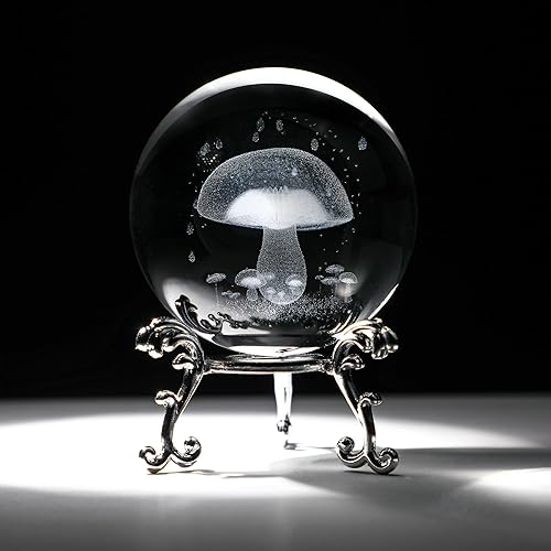 HDCRYSTALGIFTS Bola de cristal de hongo 3D de 2.362 in grabada con láser, esfera de vidrio decorativa con soporte, figuras de hongos pisapapeles,