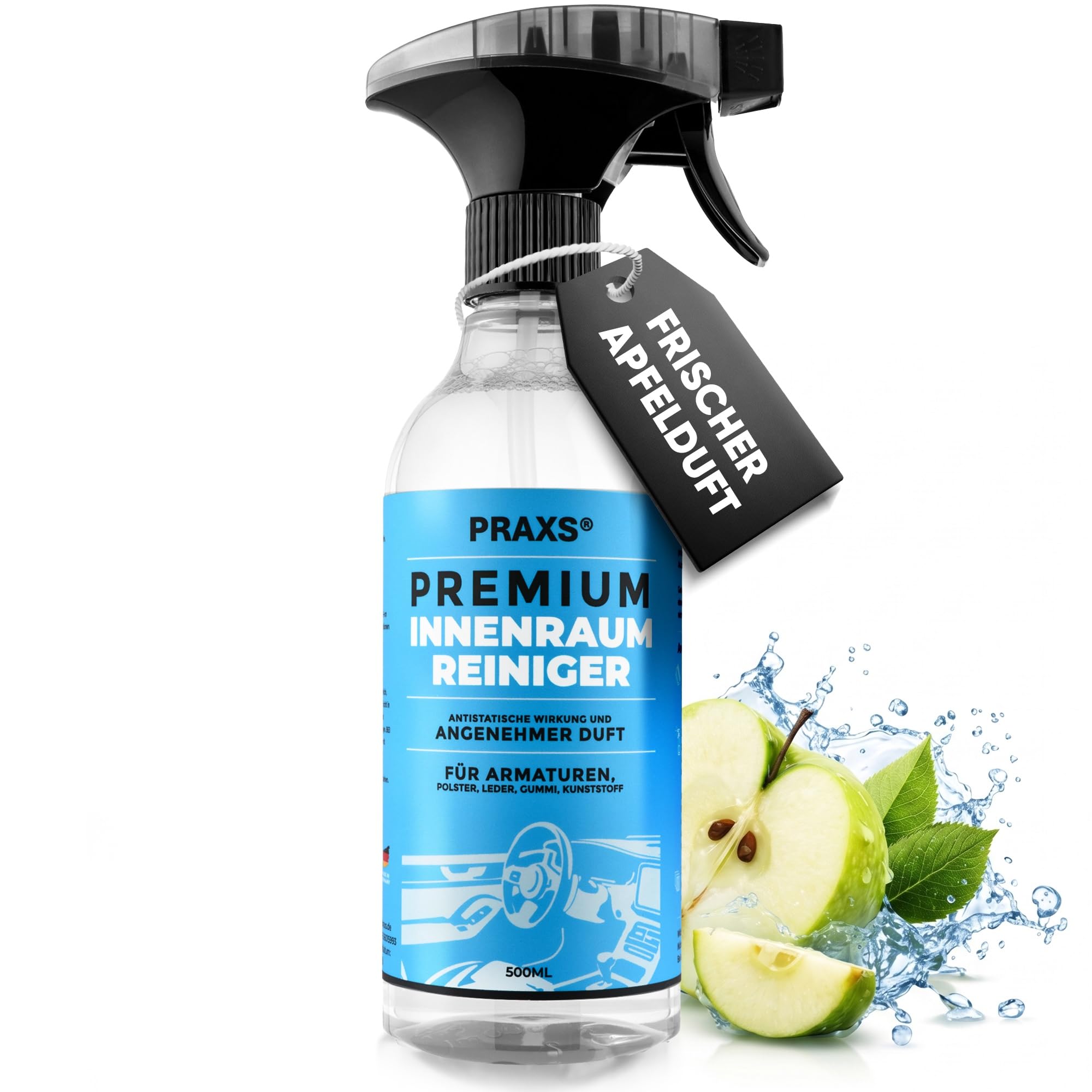 PRAXS® Innenraumreiniger Auto 500ml | pH neutraler & antistatischer Auto Innenraum Reiniger für alle Oberflächen | Porentiefe Cockpitspray & Polsterreiniger für eine schonende Autositz Reinigung