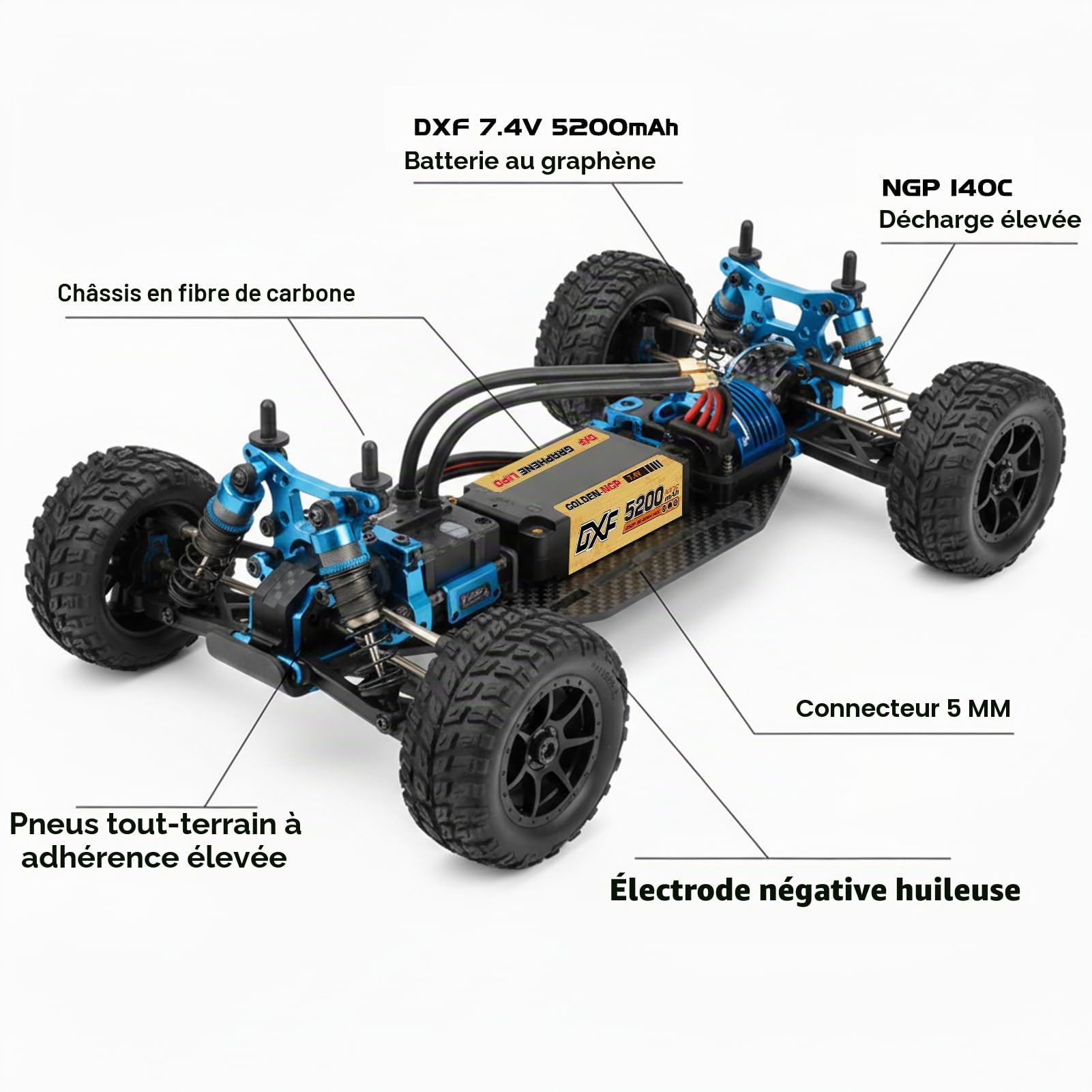 DXF Batterie LiPo 2S 8000mAh 7.4V 130C 5mm NGP Deans T-Plug pour Voiture RC - Pack Lithium Polymère Haute Performance Décharge Rapide pour Modèles Radiocommandés 1/8 1/10 Échelle Buggy Truck Racing