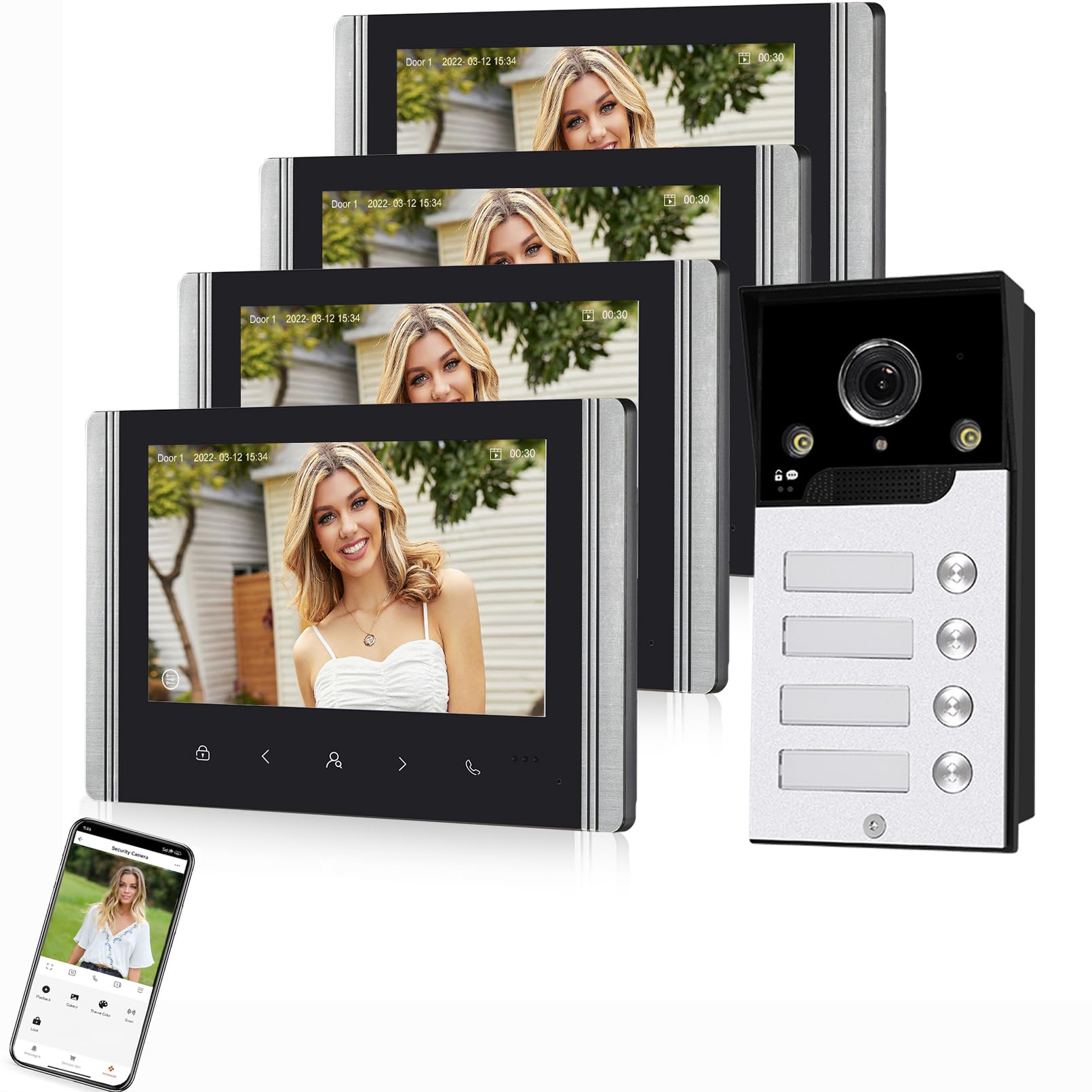 Wifi Wireless Video Türsprechanlage,1080P Außenenkamera,7 Zoll Touchscreen Wireless Monitor,PIR Bewegungserkennung,Nachtsicht,Tuya APP Steuerung (4 Familienhaus)