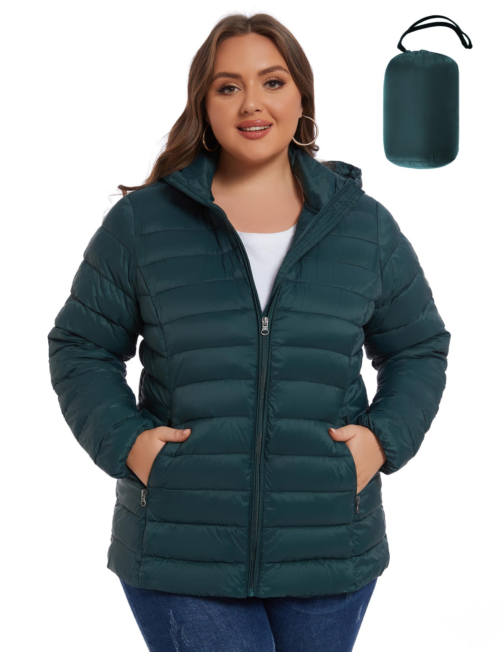 ANOTHER CHOICE Plus Size Packable Puffer Coat for Women, Light Weight Winter Jacket with Hood