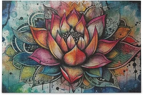 Rompecabezas de madera de 1000 piezas con estampado de mandala de loto, zzcon bolsa de almacenamiento con partición del alfabeto, fácil de resolver