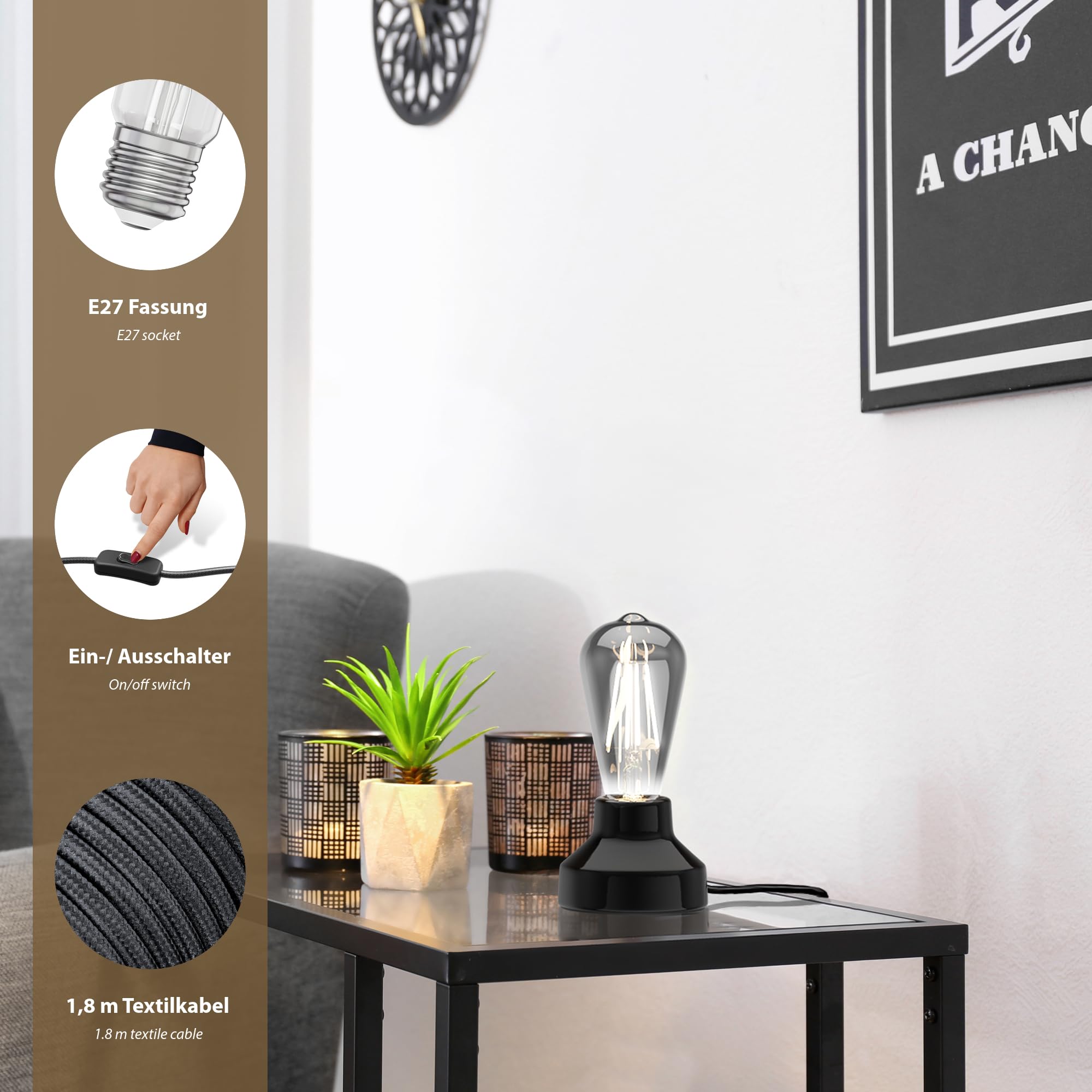 ledscom.de 2x Porzellan Tischlampe TIX, rund, Stecker, Schalter, schwarz + LED Lampe, 839lm, warmweiß