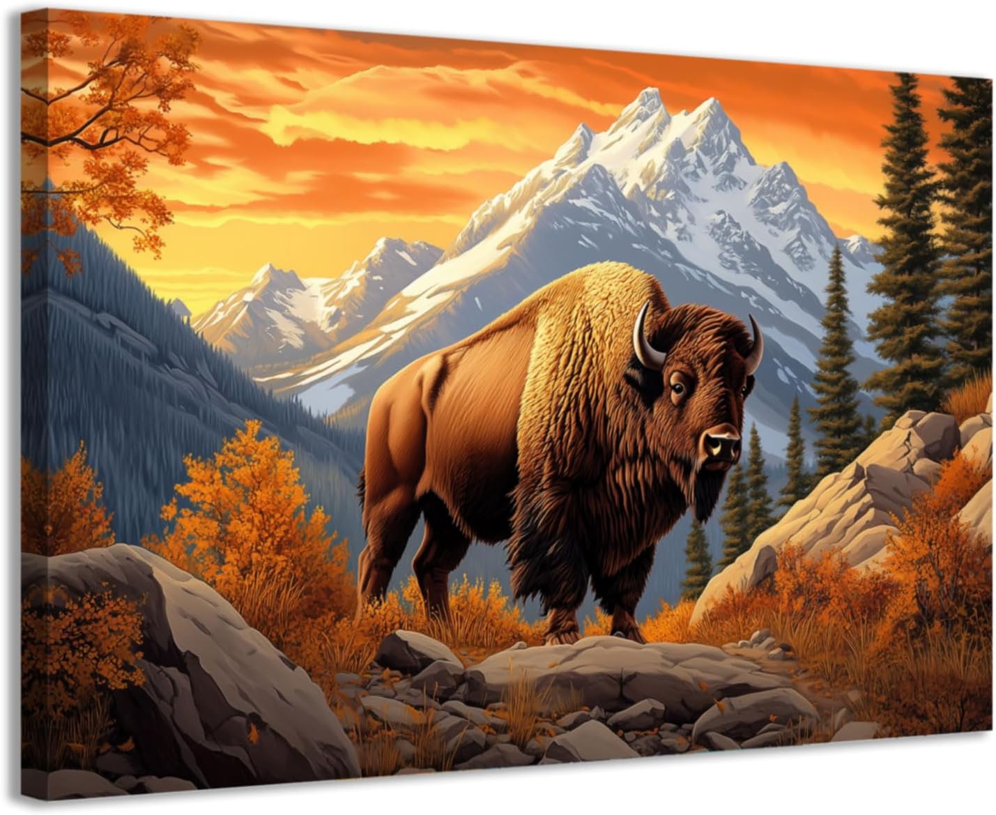 CCWACPP Buffalo Bison Canvas Wall Art Prints Wildlife Cow Pictures Cabin Buffalo Decor for Living Room Bedroom Home Office Decor Framed (12.00" x 18.00")