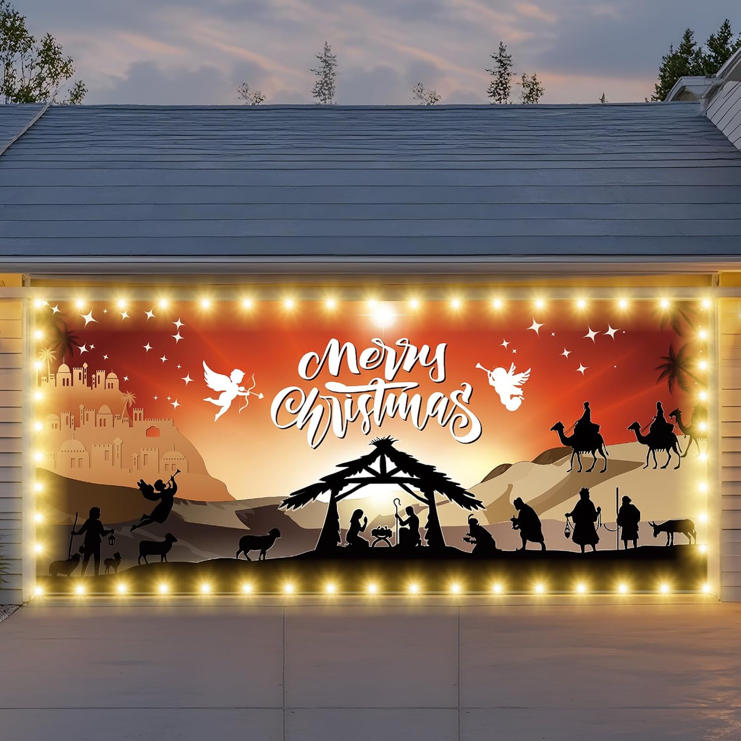 7x16ft Christmas Garage Door Cover with LED String Lights, 2025 Large Garage Door Christmas Decorations, Outdoor Lighted Garage Banner, Merry Garage Mural (Nativity Scene)