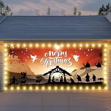 Vrainito 7x16ft Christmas Garage Door Cover with LED String Lights, 2025 Large Garage Door Christmas Decorations, Outdoor Lighted Garage Banner, Merry Garage Mural Nativity Scene