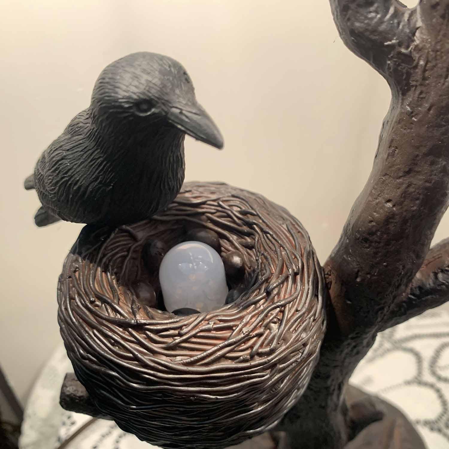 Bieye L10968 Raven Sitting on Bare Tree Branch in Full Moon Night Tiffany Style Stained Glass Table Lamp for Home Decor (Dark Blue, 16Wx24H Nest)