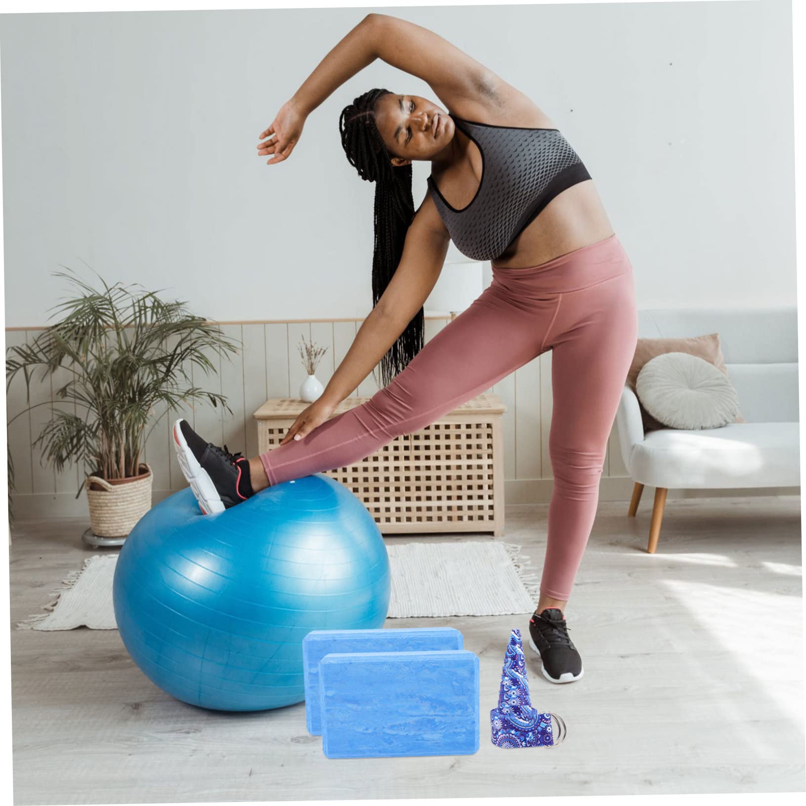 Blocco Yoga in Eva, Set da 3 Pezzi Blu Mimetico per Allenamento | Cintura da Stretching Inclusa, Supporto per Esercizi e Danza, Accessorio per Pratica Yoga