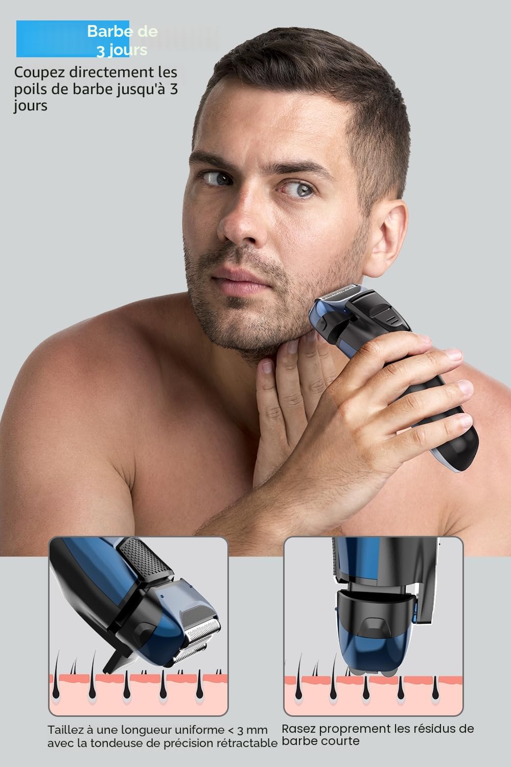 Rasoir Électrique homme avec 3 lames flexibles et étui de voyage, Rasoir Électrique Barbe avec tondeuse de précision, rasoir humide/sec, autonomie de 120 minutes, rechargeable, cadeaux pour hommes
