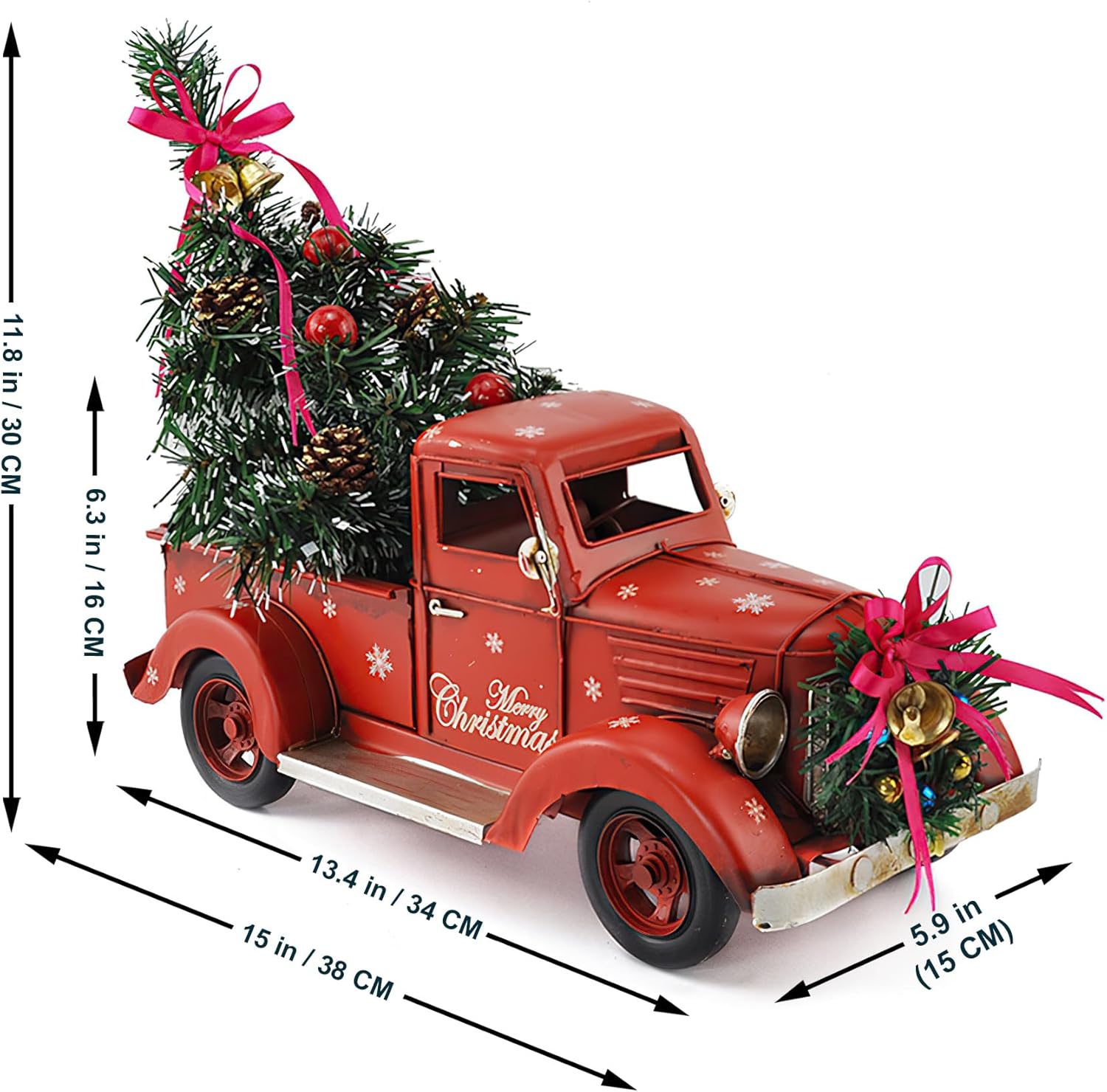 Red Metal Truck Model with Christmas Tree Ornaments Bell, String Light, Vintage Farmhouse Pickup Truck Crafts for Table Top Xmas Decorations, Fireplace Decor Collectible Vehicles 15''（Large）