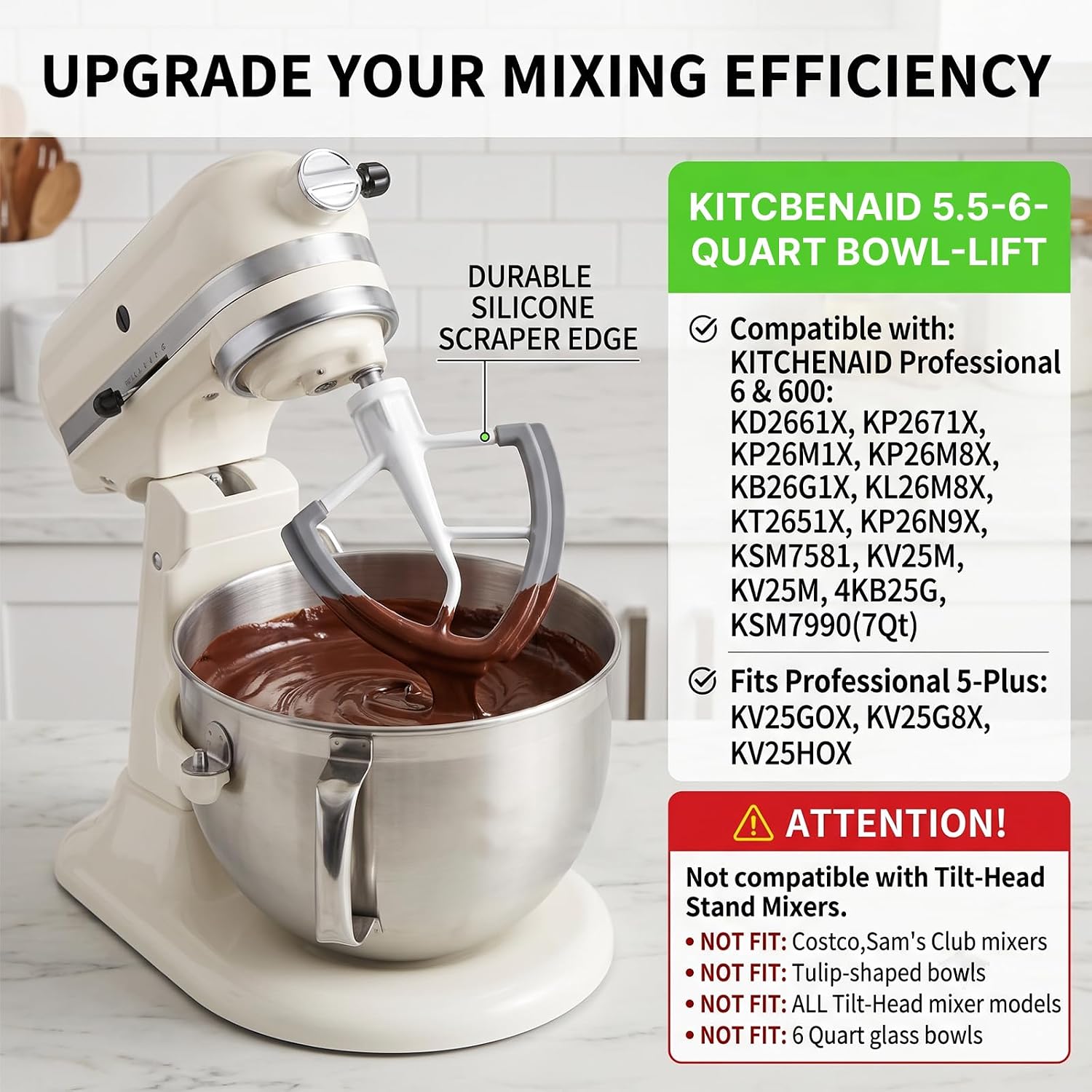 Flex Edge Beater Compatible with KitchenAid 6-Quart Bowl-Lift Stand Mixers, Silicone Edges for KitchenAid Paddle Accessories and Attachment, Mixer Accessories, Dishwasher Safe