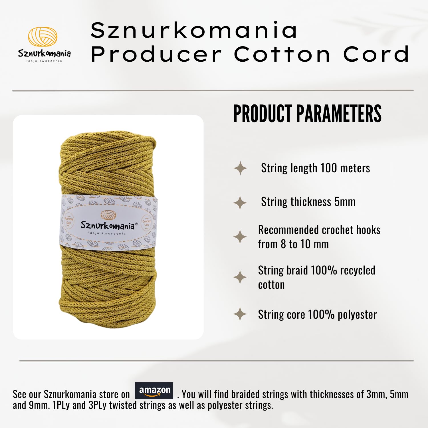 Sznurkomania, Cotton Cord 5 mm 100 m, 46 Colours, Kiwi Colour, Macrame Yarn, Cotton Yarn, Braided Cotton Cord 5 mm with Core, Macrame Cord, Crochet Cord
