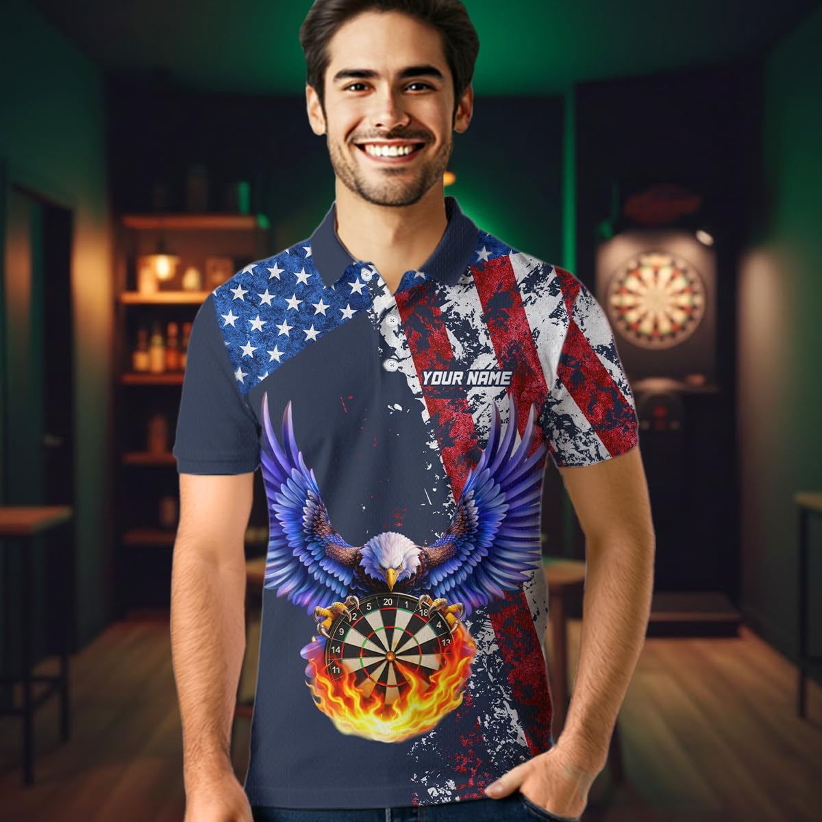 Eagle American Flag Dart Shirt for Men Women Team Dart Shirts Custom Patriotic Dart Jersey Dartboard Shirt Polo Dart 1/4 Zip