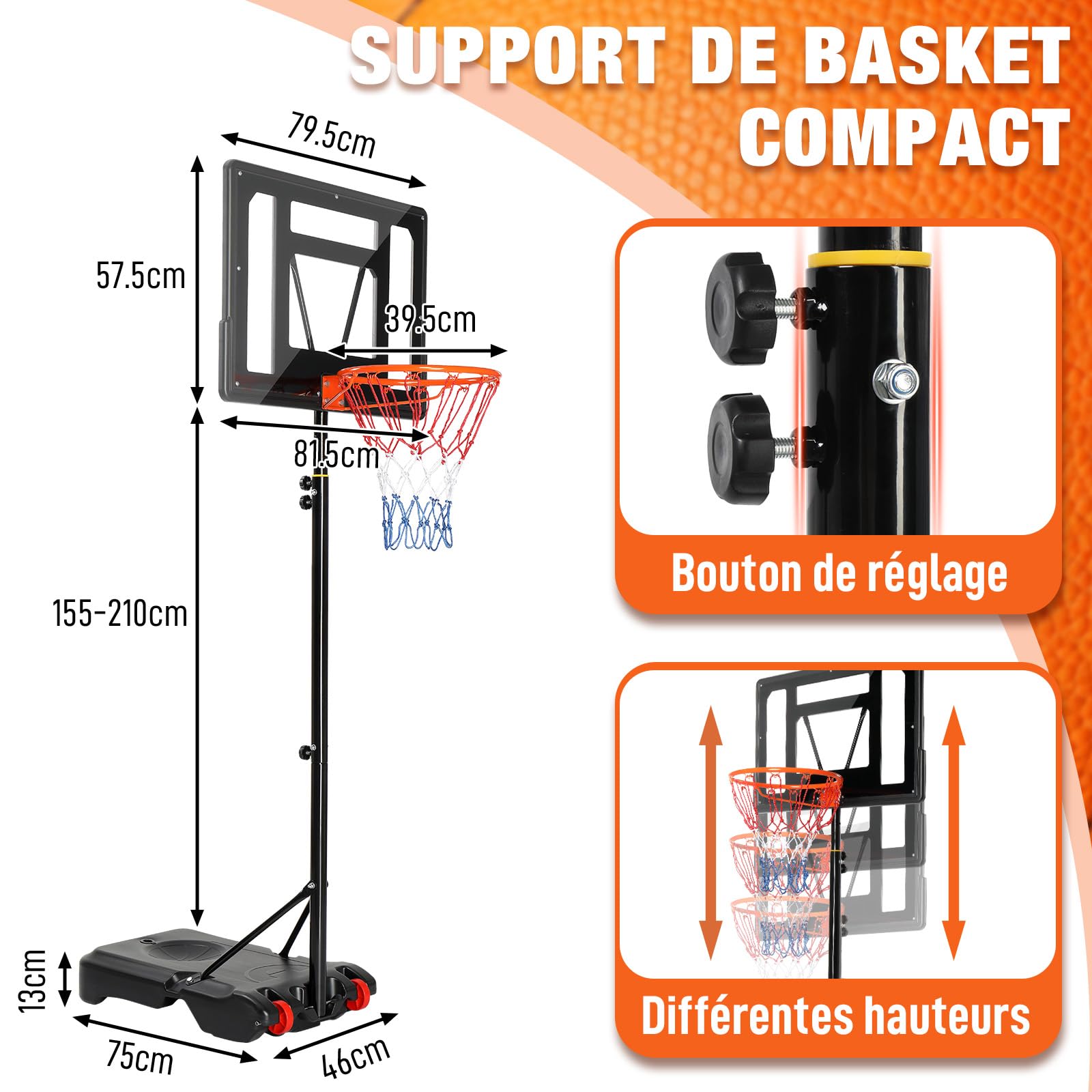 LEADZM Panier de Basketball Extérieur avec Support et roulettes, 2 Filets, pour Enfants et Adolescent, Support de Basketball pour Jardin et Cour, Hauteur Réglable de 155-210 cm (Noir)
