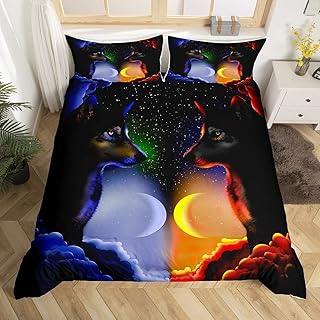 Feelyou Wolf Bedding Set for Kids Girls Boys Men Galaxy Wolf Comforter Cover Wildlife Safari Animal Duvet Cover Red Blue Decorative Moon Starry Sky Bedspread Cover Queen Size 3Pcs Bedclothes