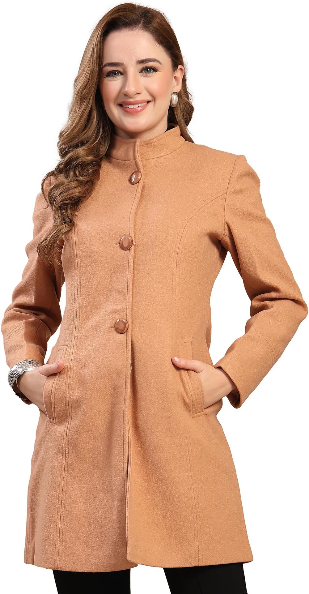 Winterwear Beige Solid Mock Neck Longline Womens Coat