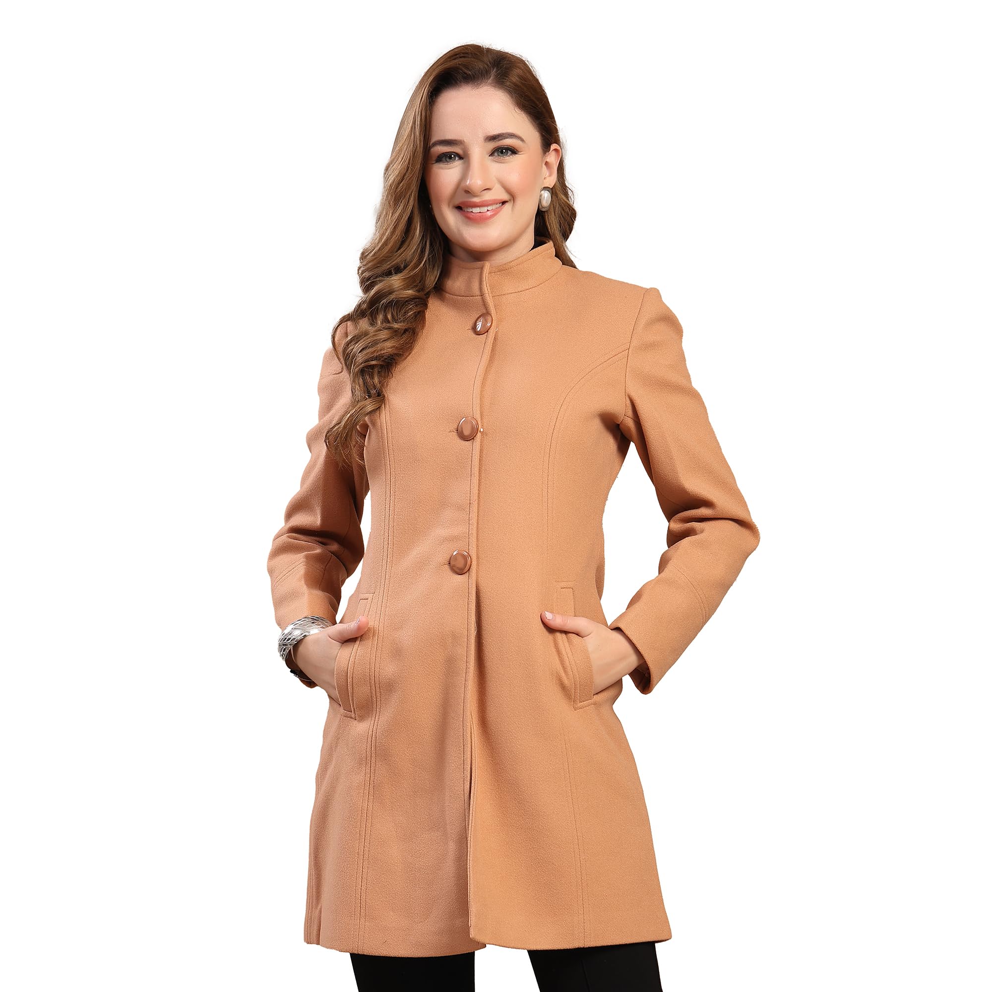 Winterwear Beige Solid Mock Neck Longline Womens Coat