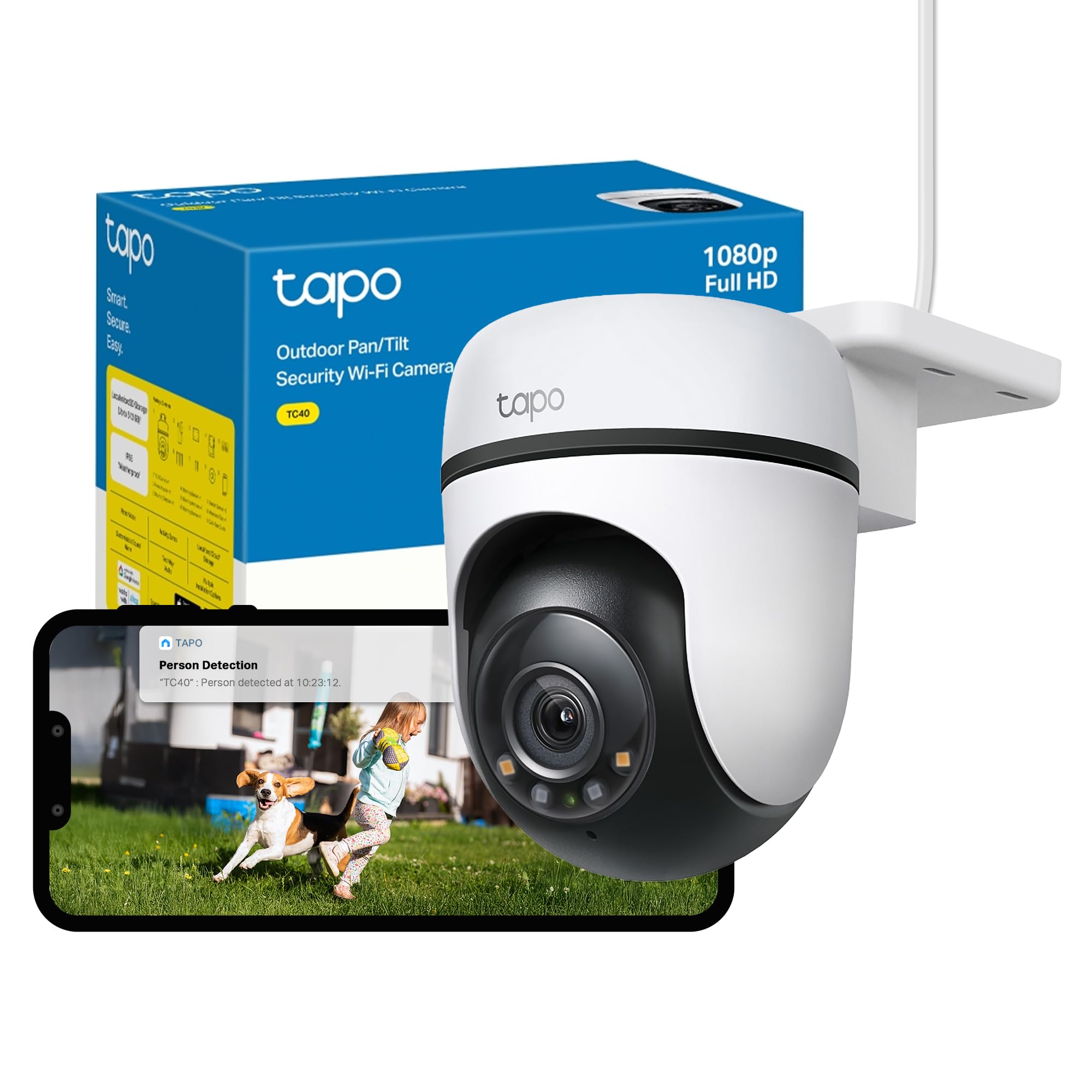 TapoTC40 Pan/Tilt Smart Security Outdoor Camera, Full HD, 360° Smart Person Detection Motion Tracking, Color Night Vision, WiFi Camera No Monthly Fee, Two-Way Talk, IP65, Works with Alexa & GoogleClimatePartner certified